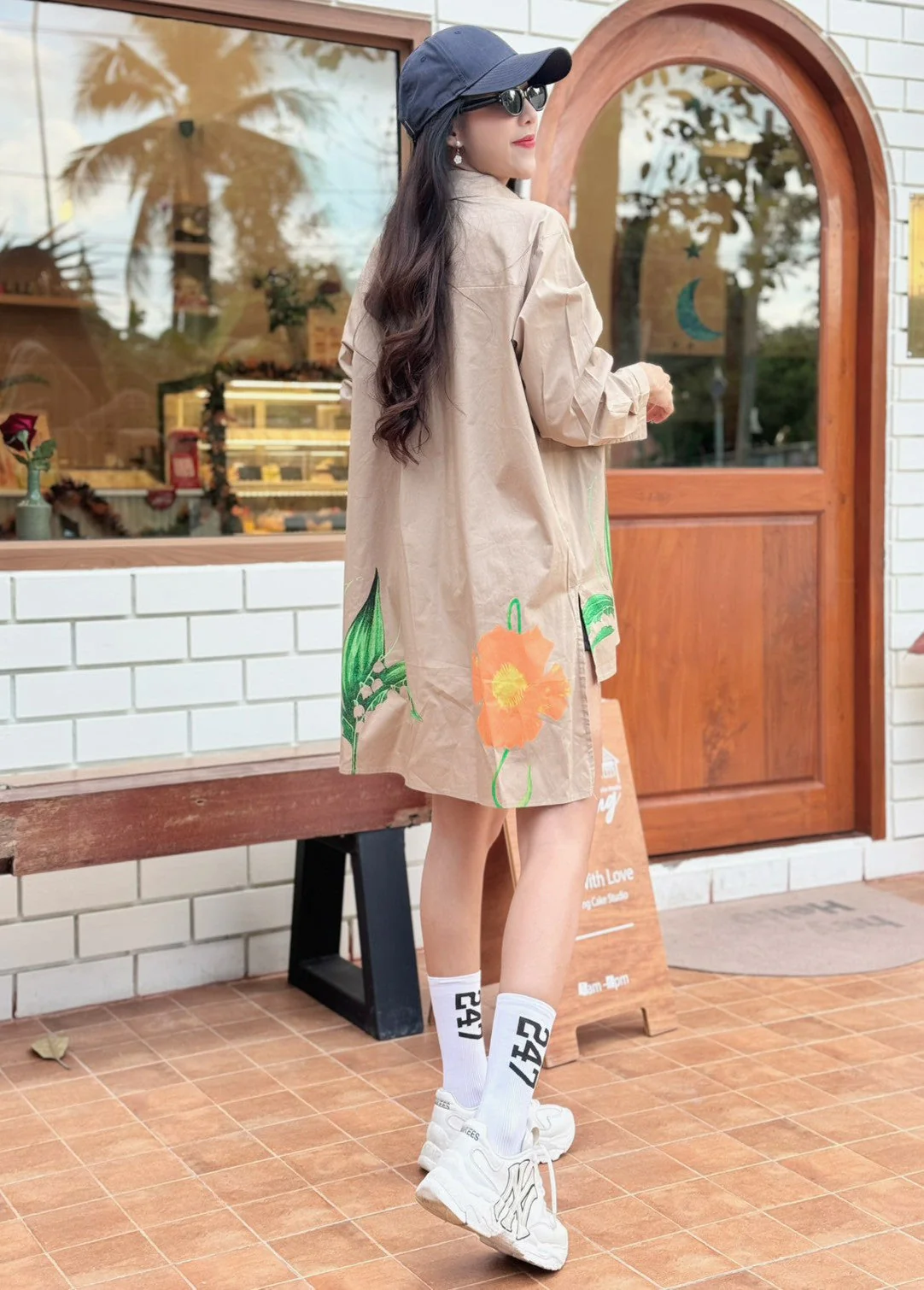 Beige Botanical Printed Cotton Shirt Dress - Image 3