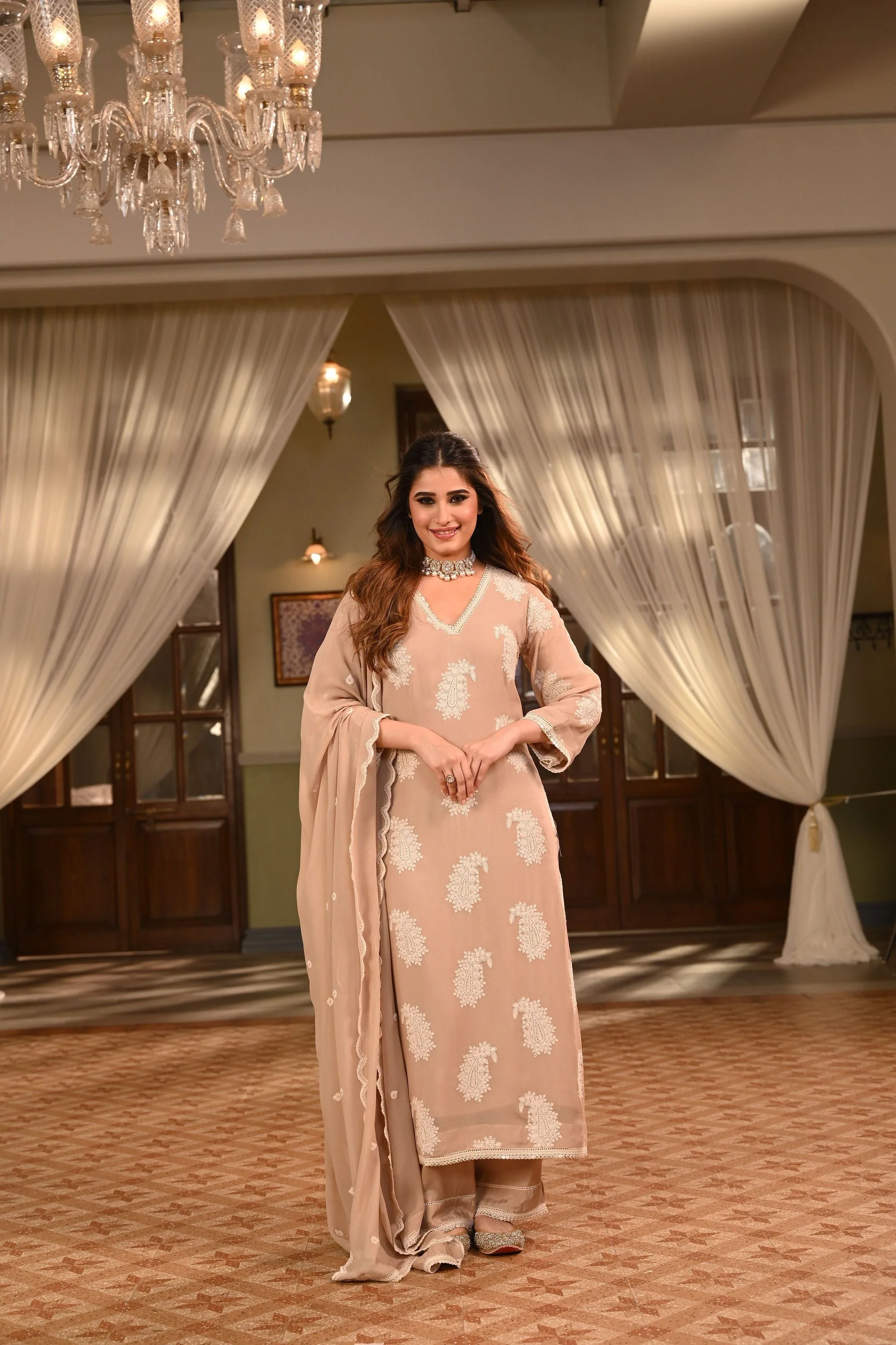 Warm Beige Chikankari Georgette Silk Pant Set - Image 4