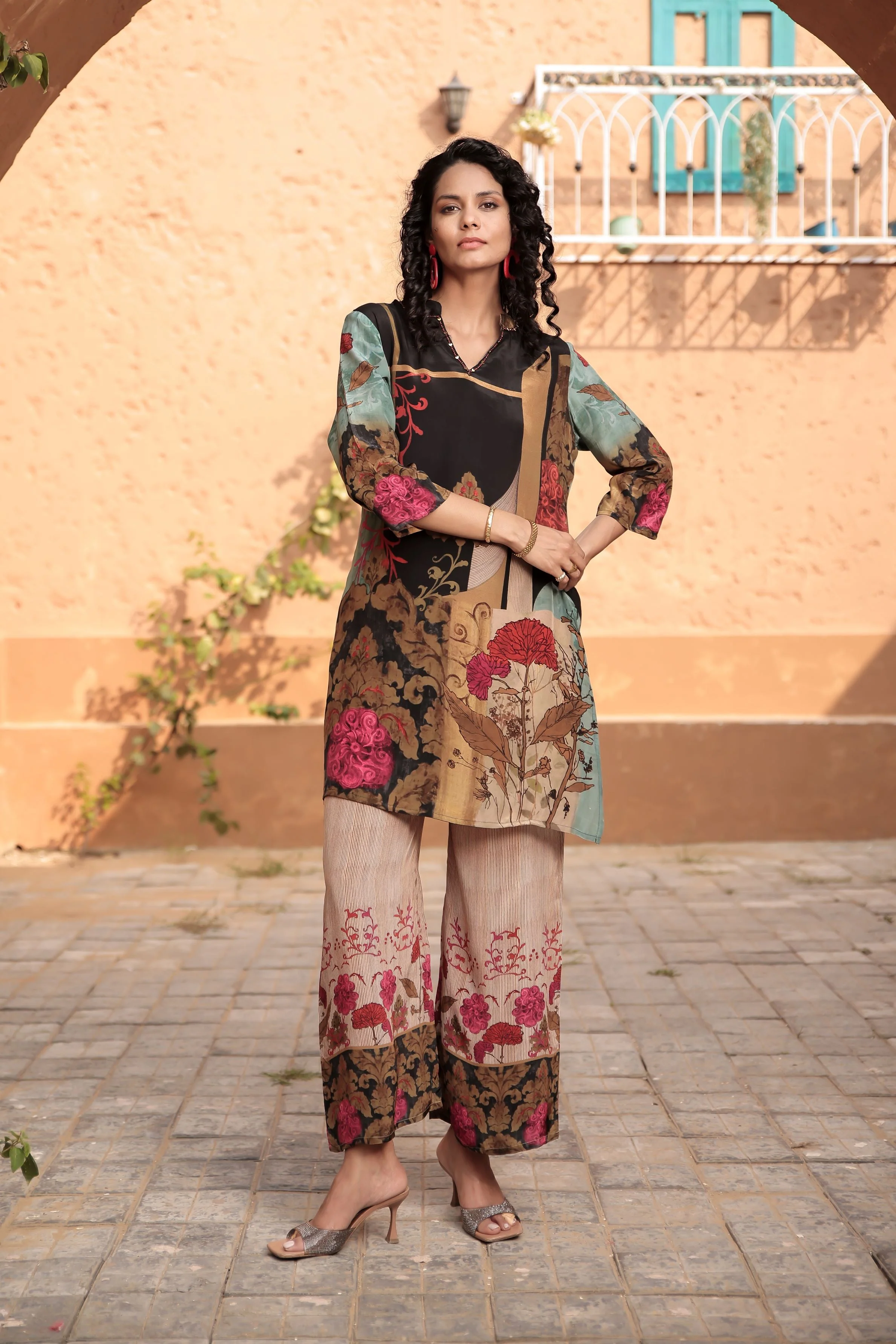 Beige Digital Printed Italian Paper Silk Co-Ord Set
