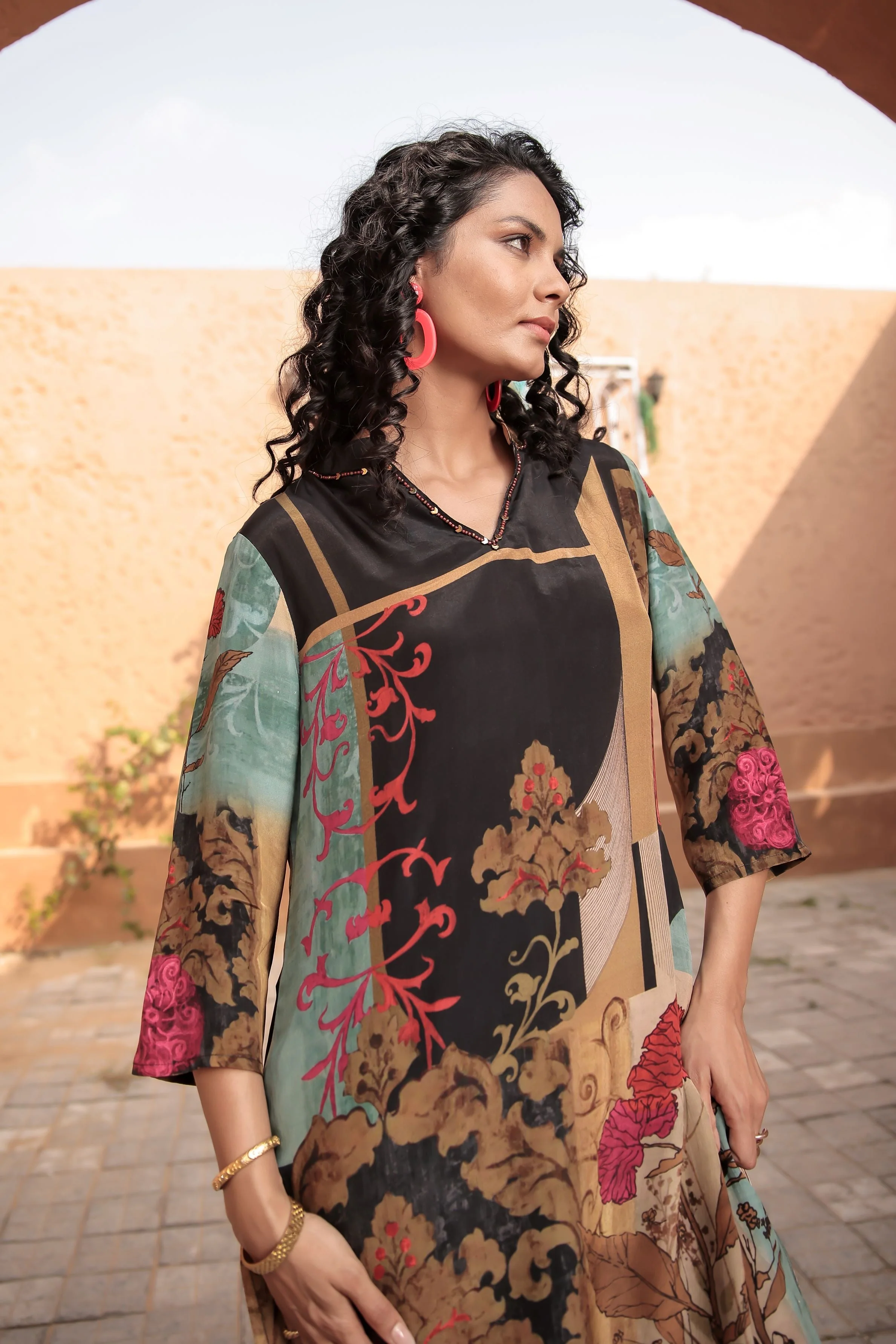 Beige Digital Printed Italian Paper Silk Co-Ord Set - Image 2