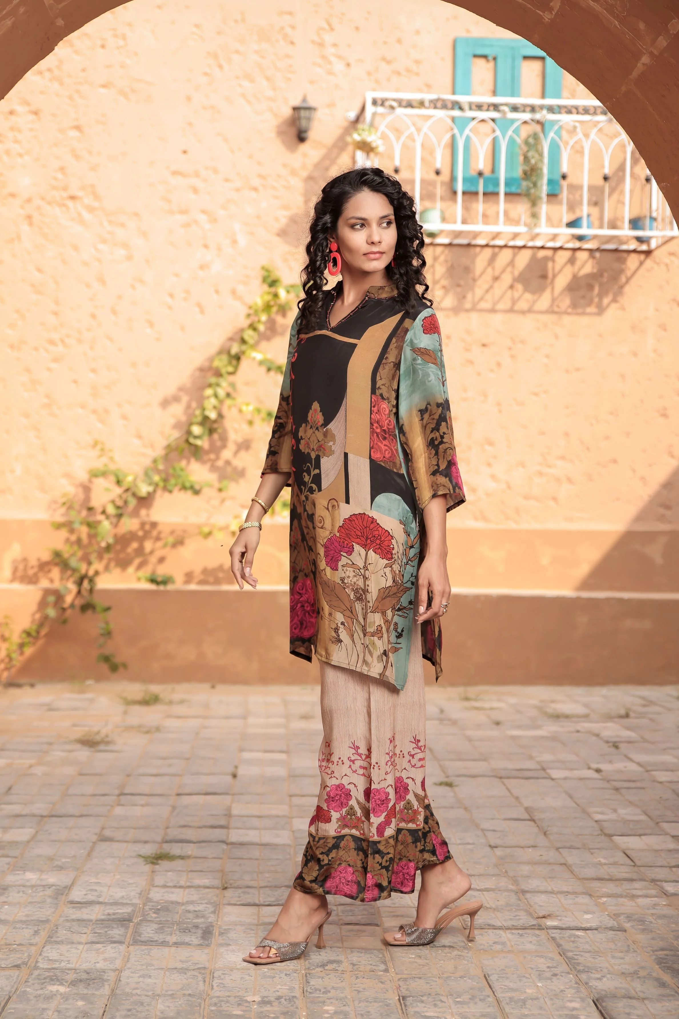 Beige Digital Printed Italian Paper Silk Co-Ord Set - Image 3