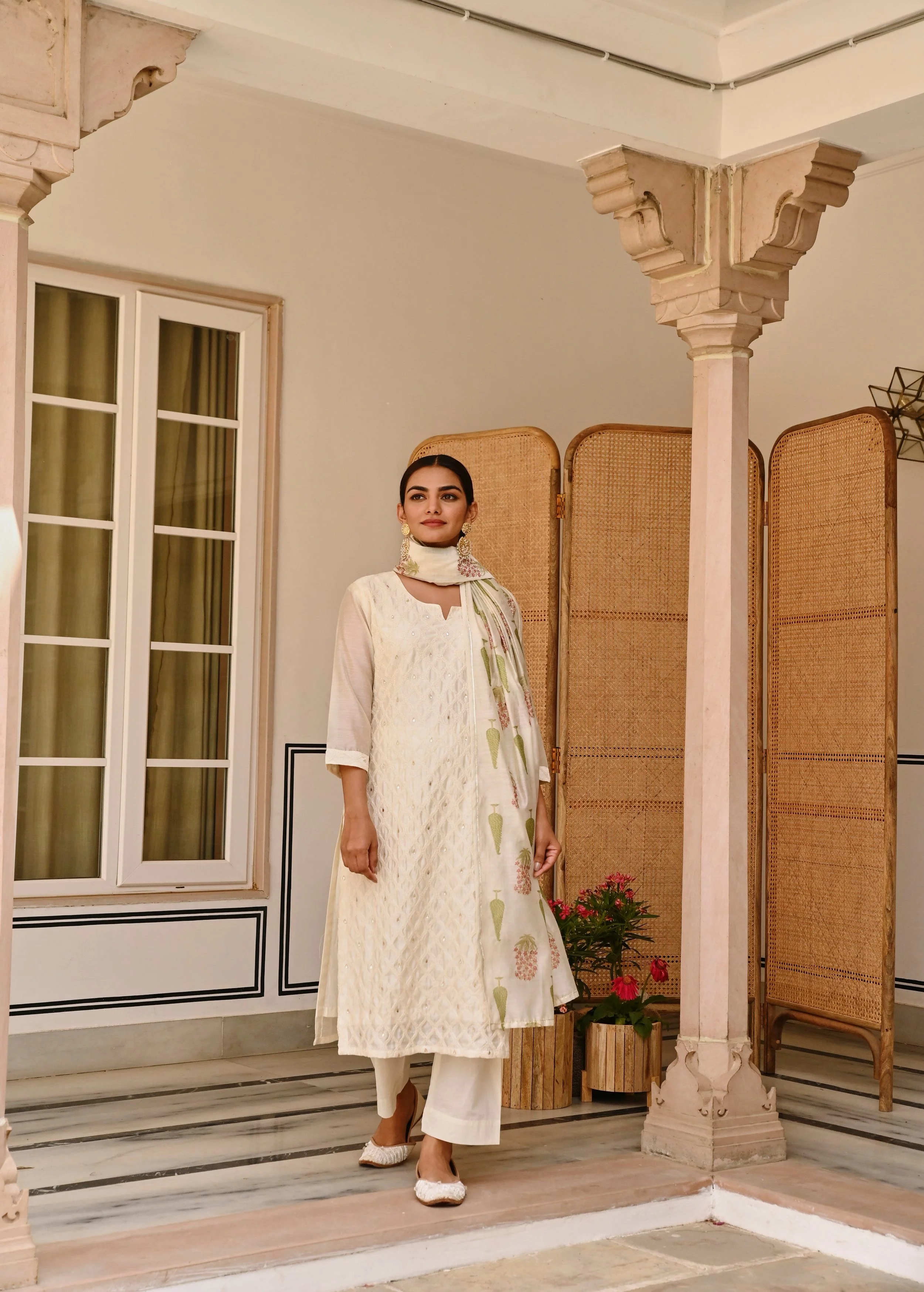Off-White Embroidered Chanderi Silk Pant Set - Image 3