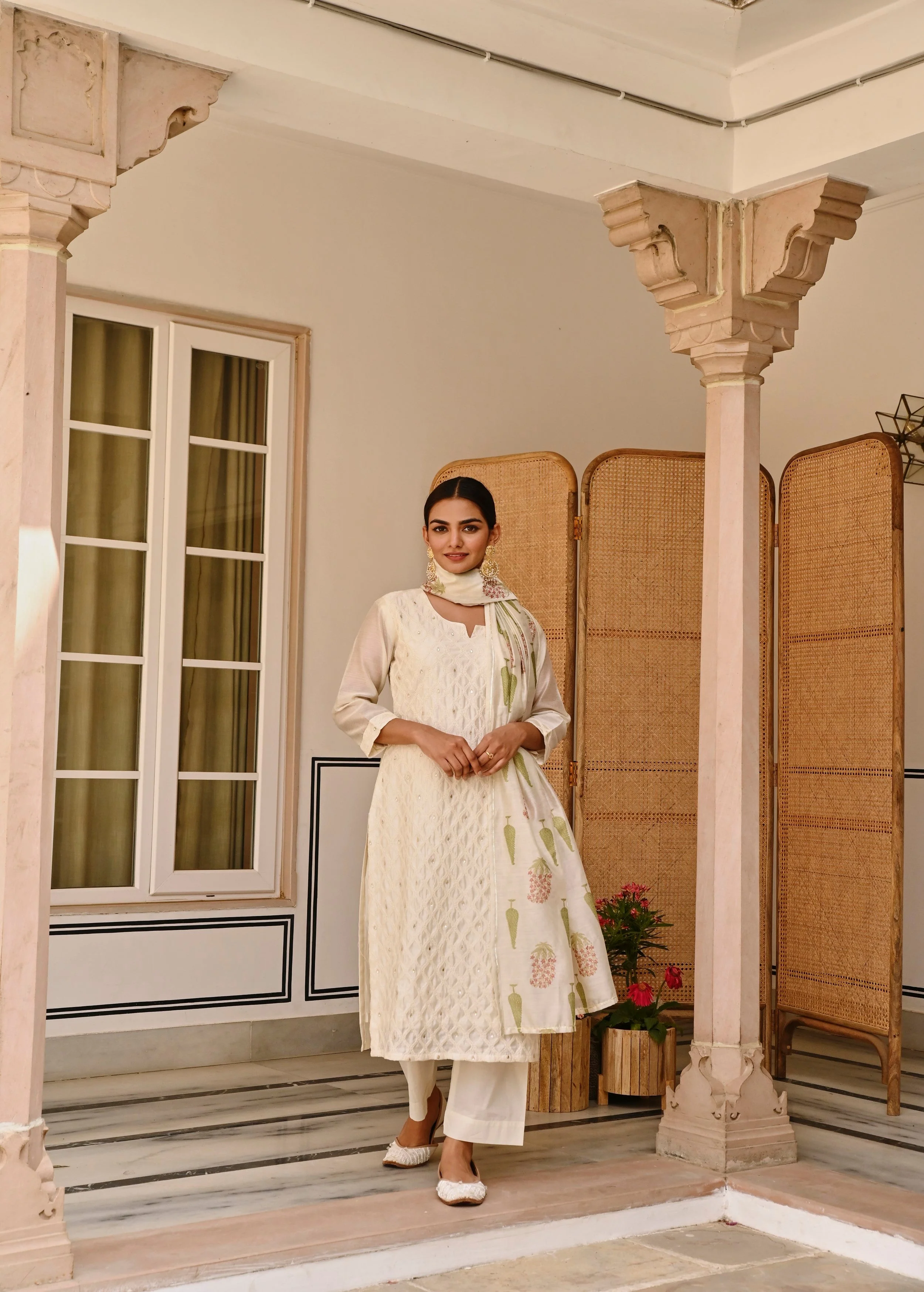 Off-White Embroidered Chanderi Silk Pant Set - Image 4