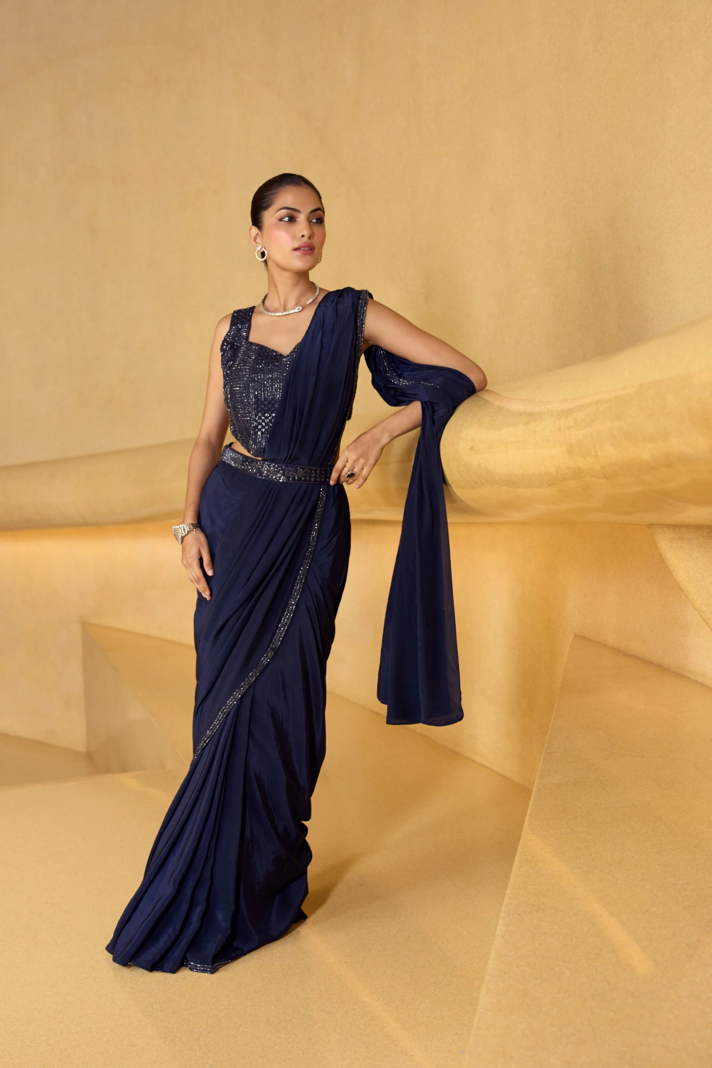 Midnight Blue Embellished Satin Silk Drape Saree - Image 2
