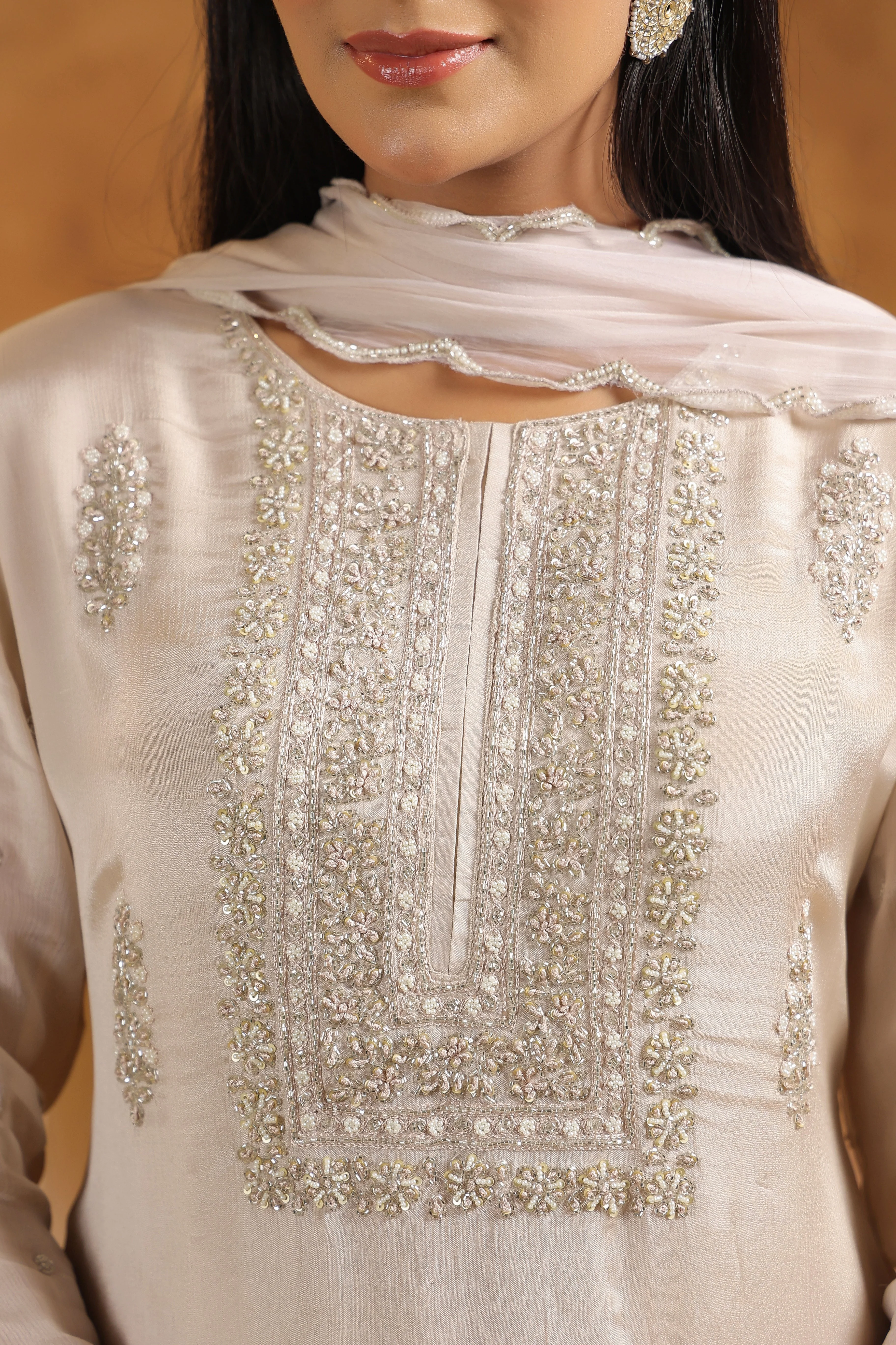 Beige Embellished Chinon Silk Sharara Set - Image 2