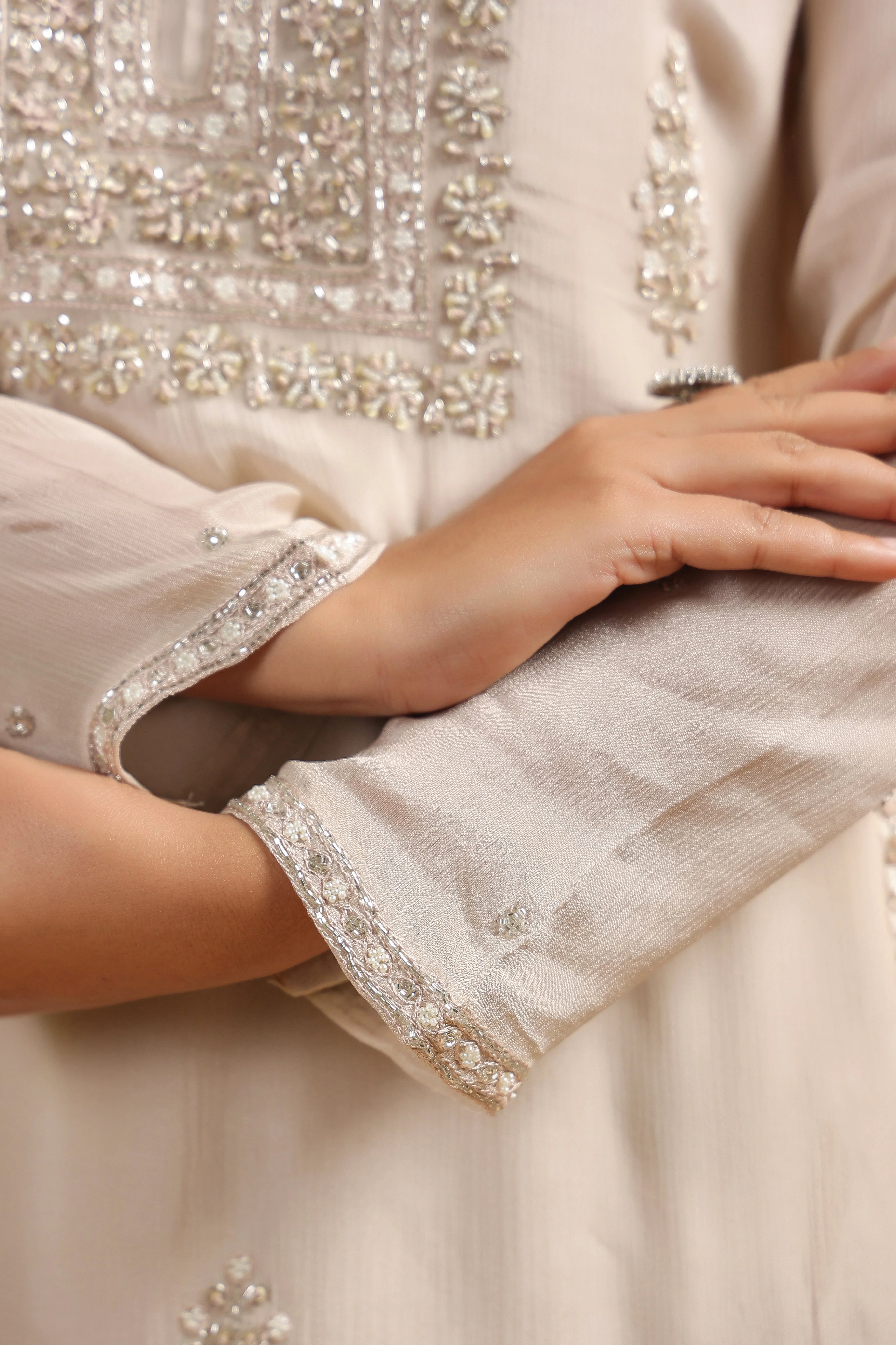 Beige Embellished Chinon Silk Sharara Set - Image 3
