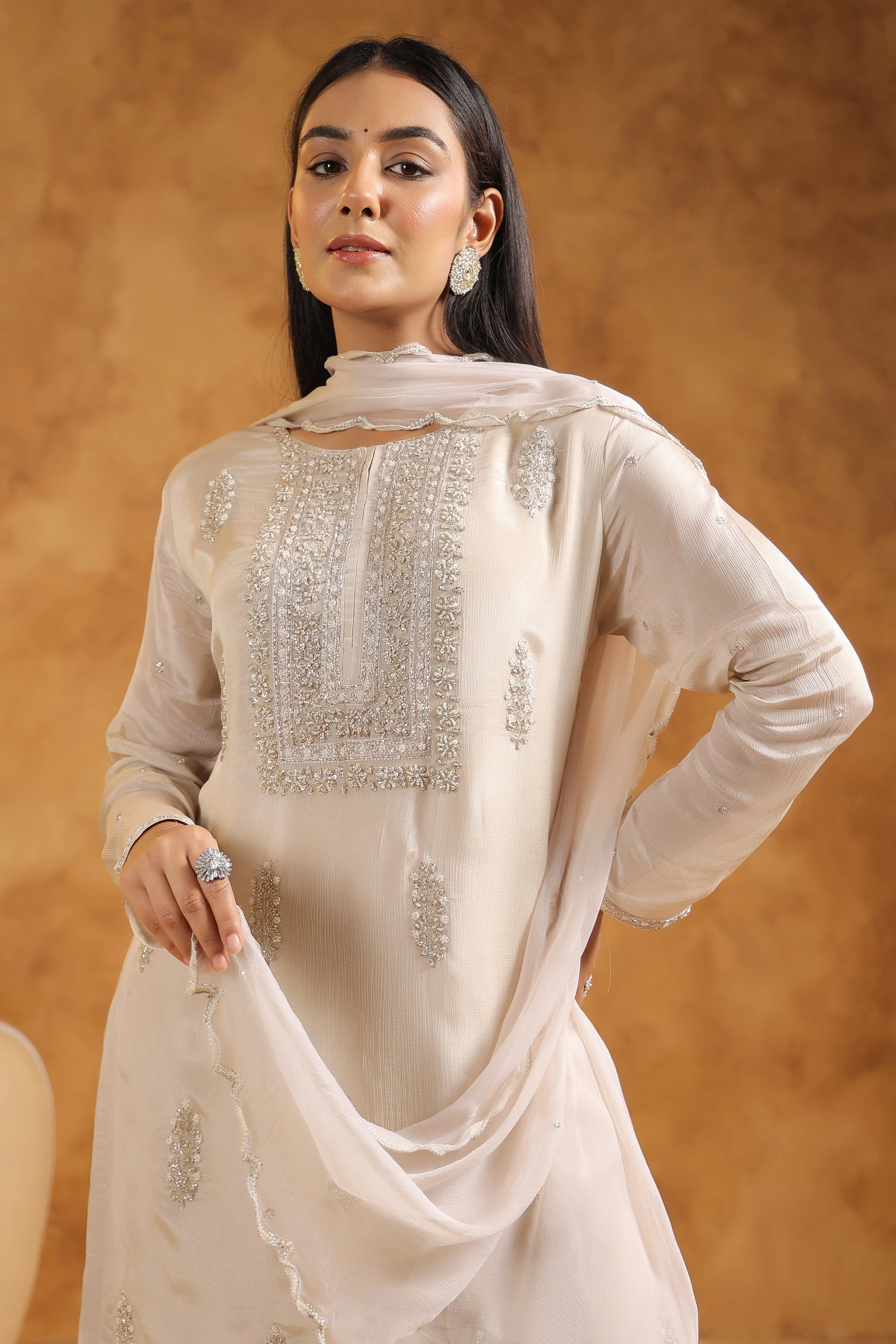 Beige Embellished Chinon Silk Sharara Set - Image 4