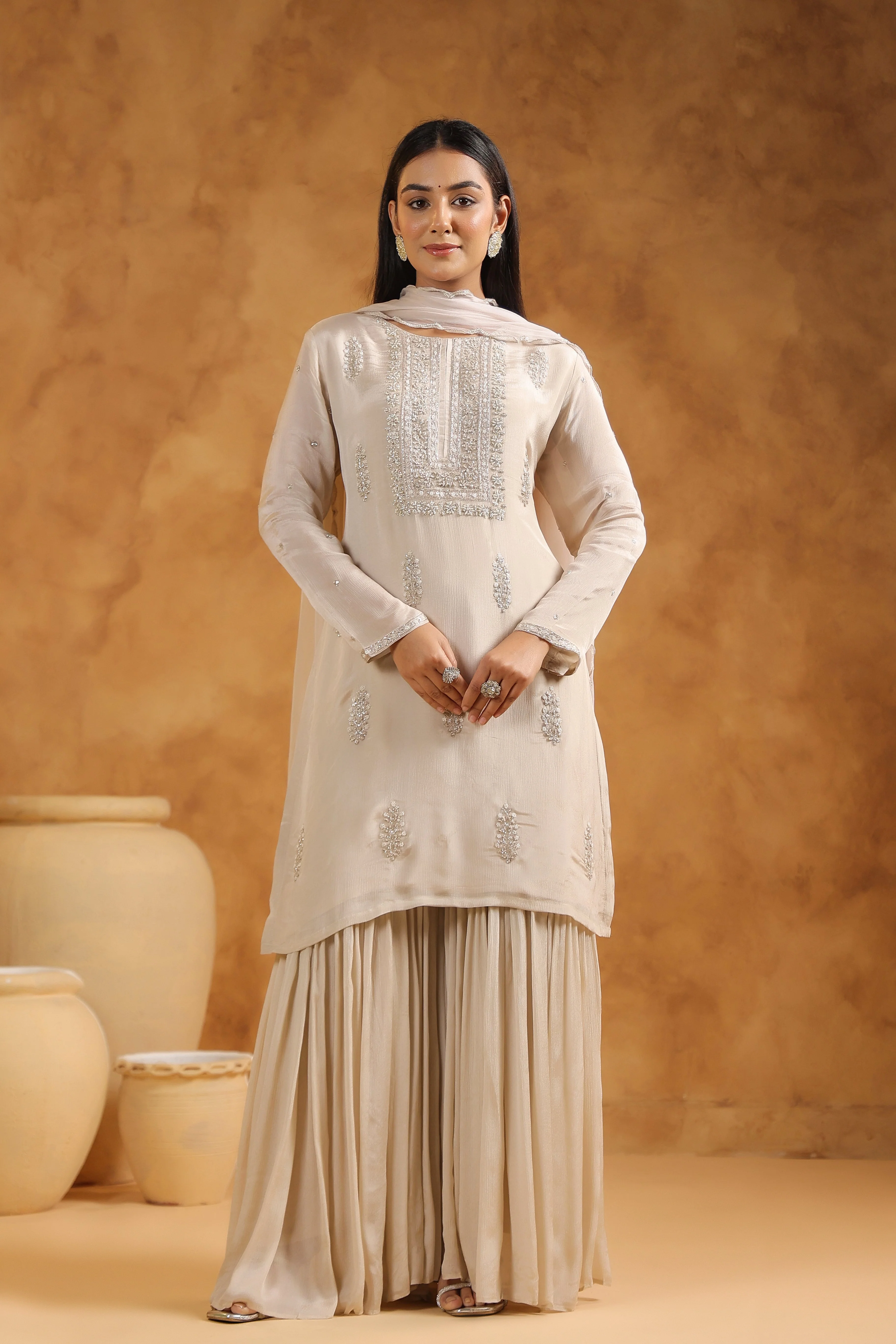 Beige Embellished Chinon Silk Sharara Set - Image 5