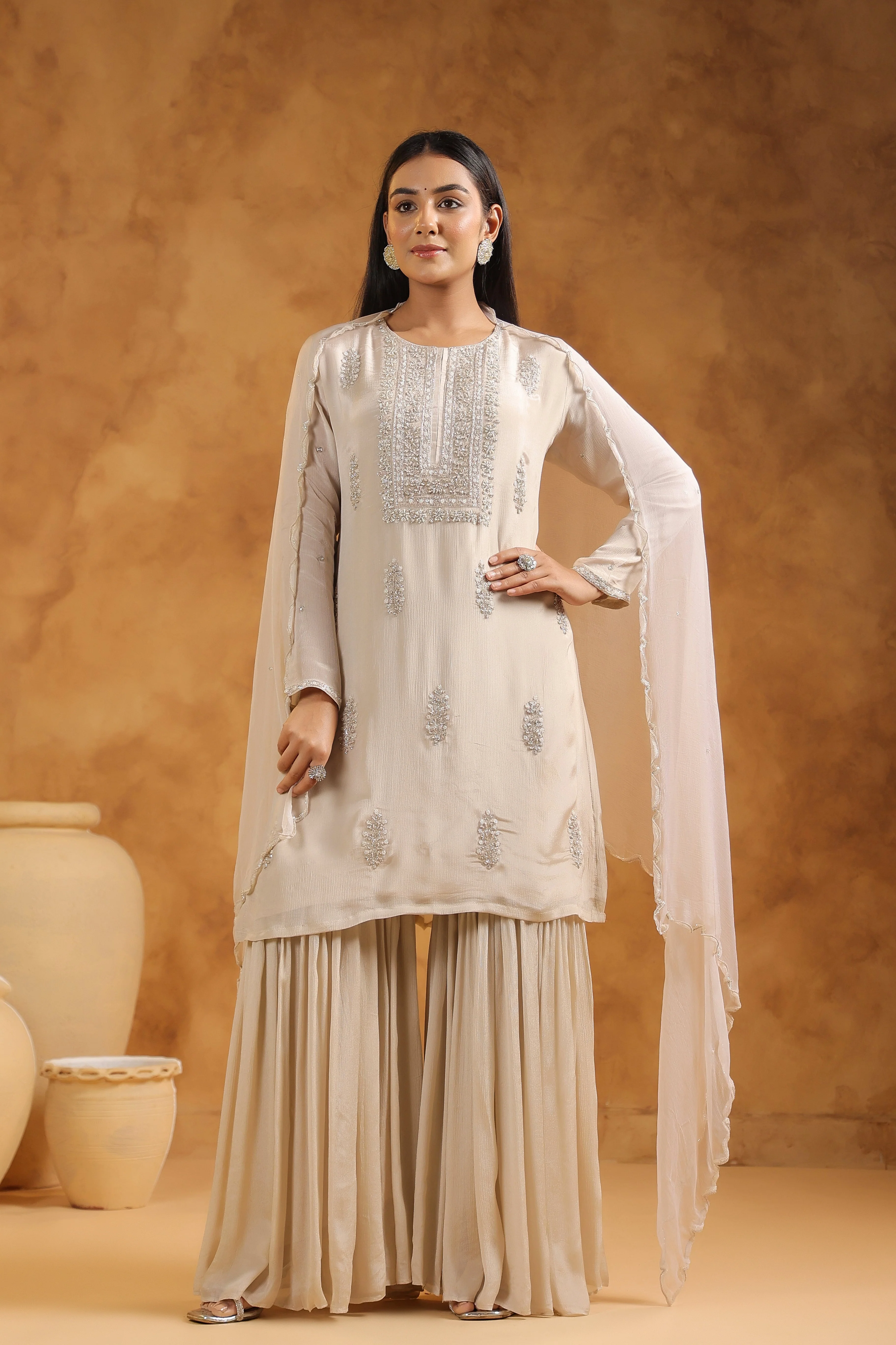 Beige Embellished Chinon Silk Sharara Set - Image 6