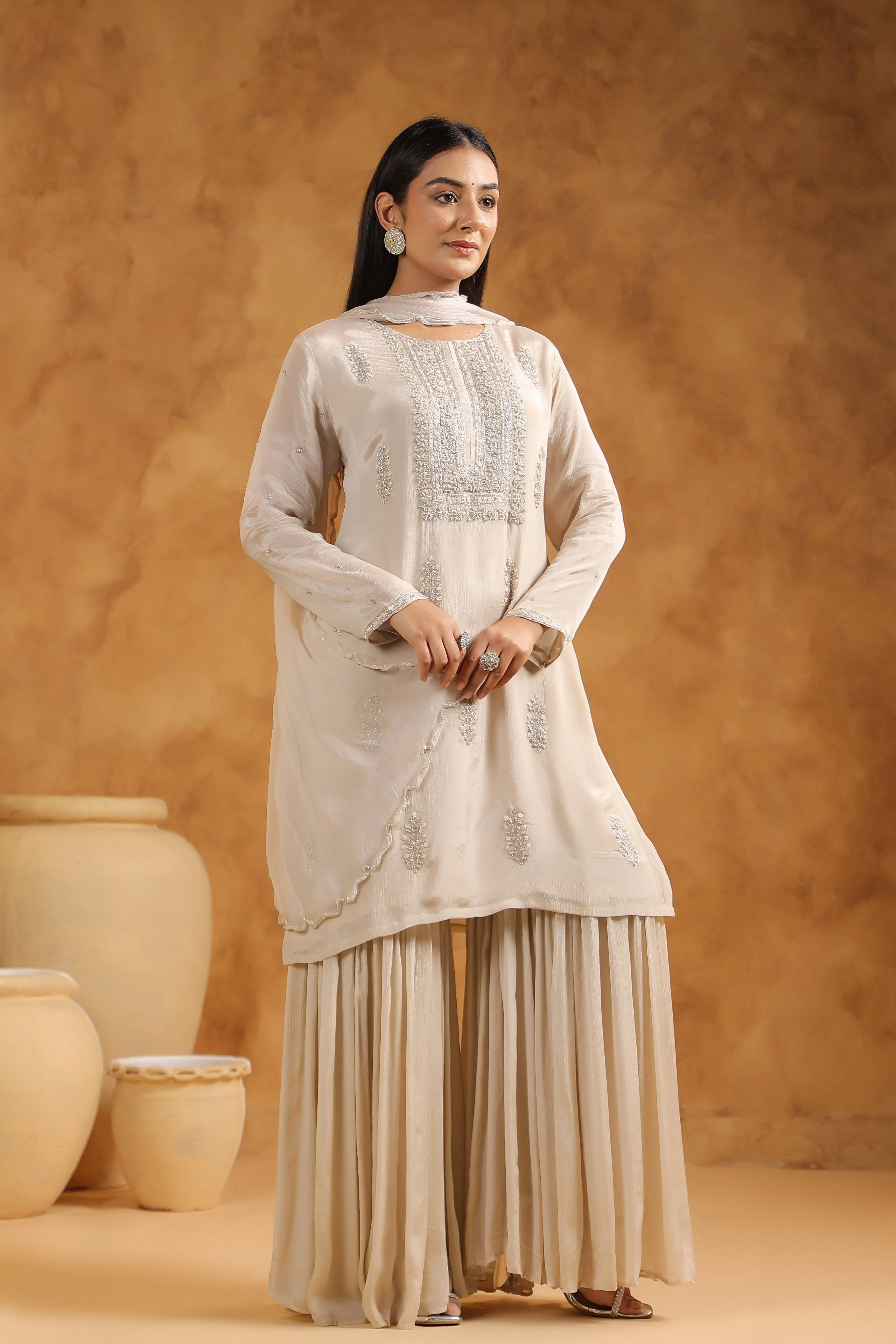 Beige Embellished Chinon Silk Sharara Set - Image 7