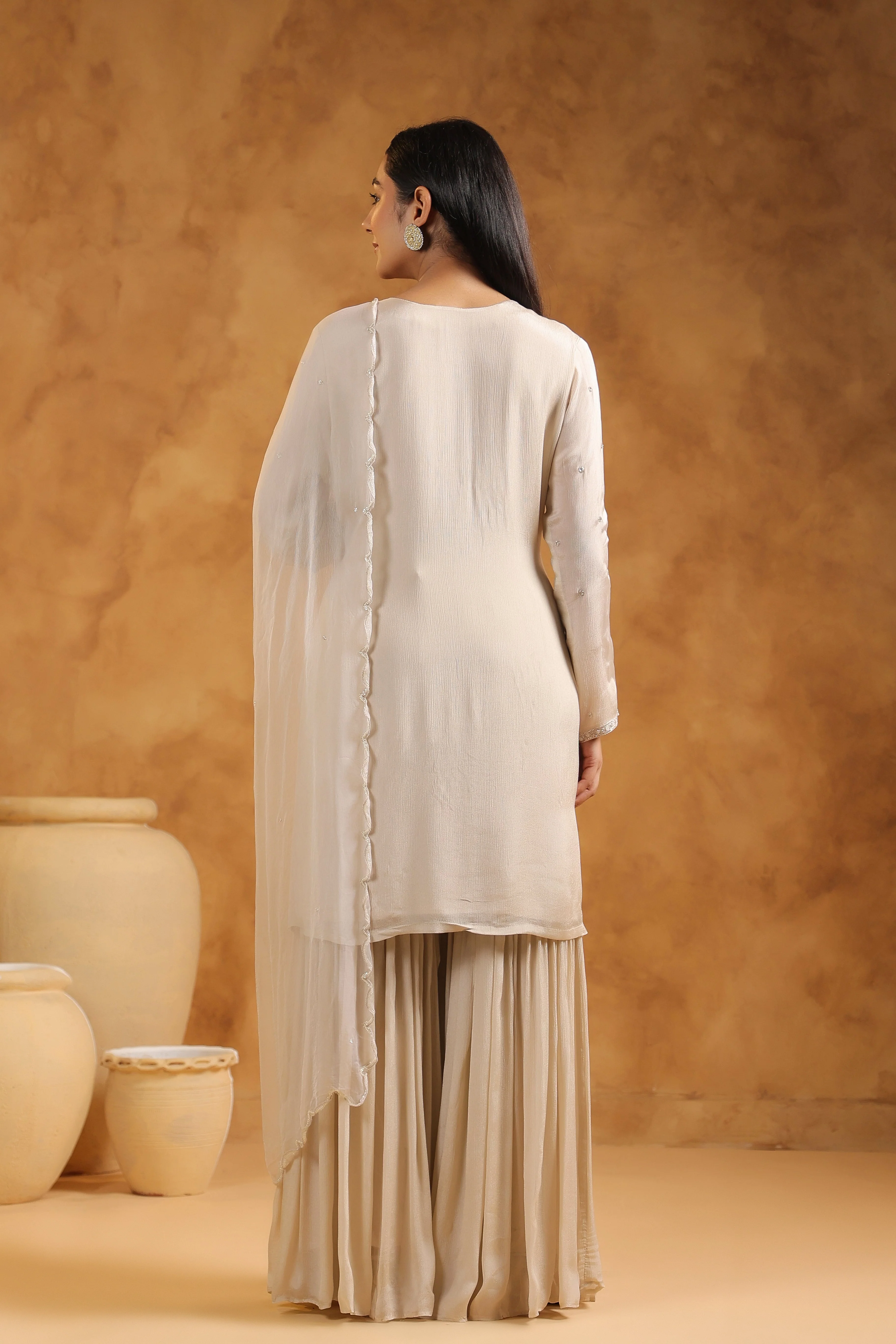 Beige Embellished Chinon Silk Sharara Set - Image 8