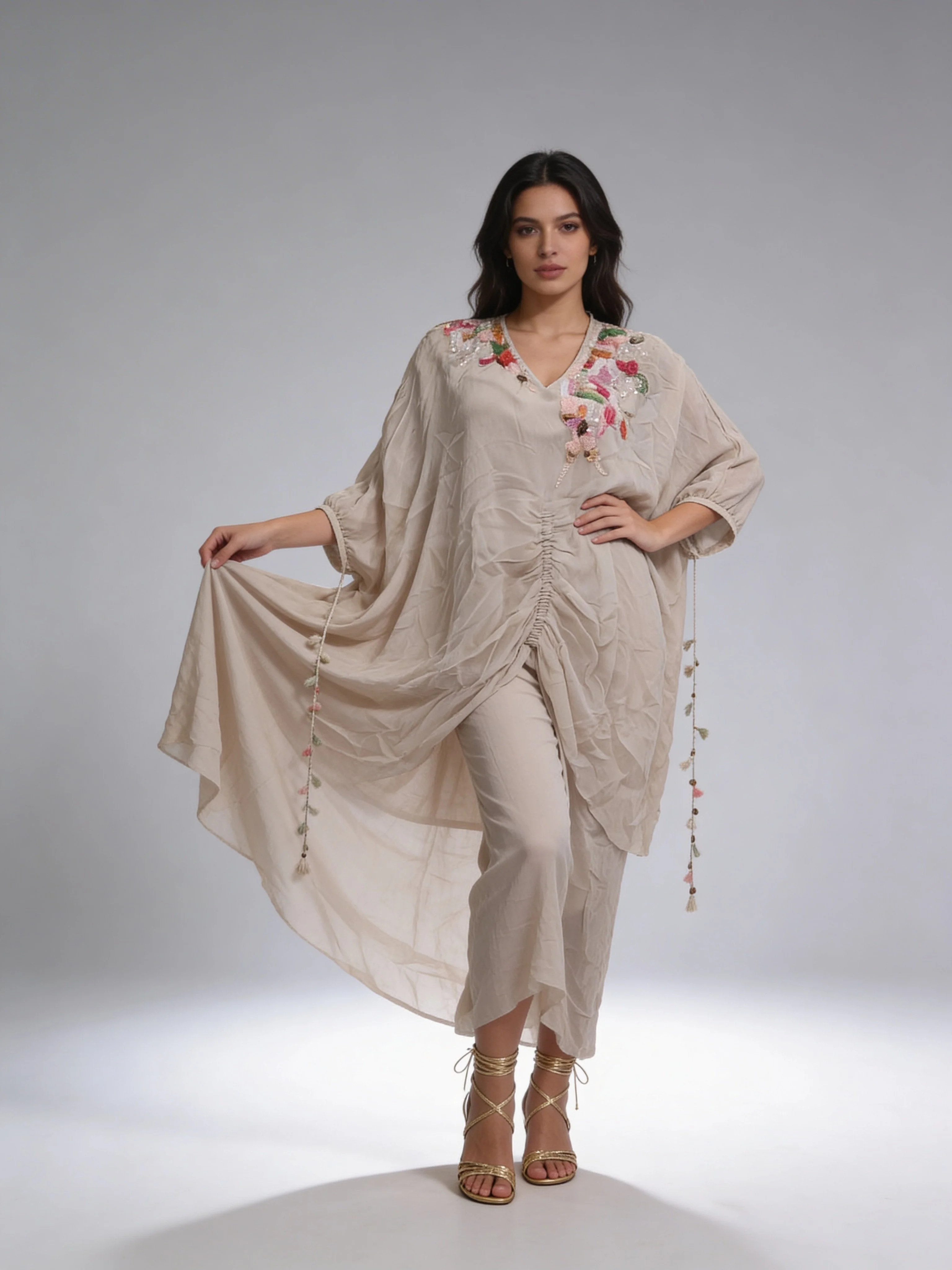 Beige Embellished Georgette Silk Kaftan Set