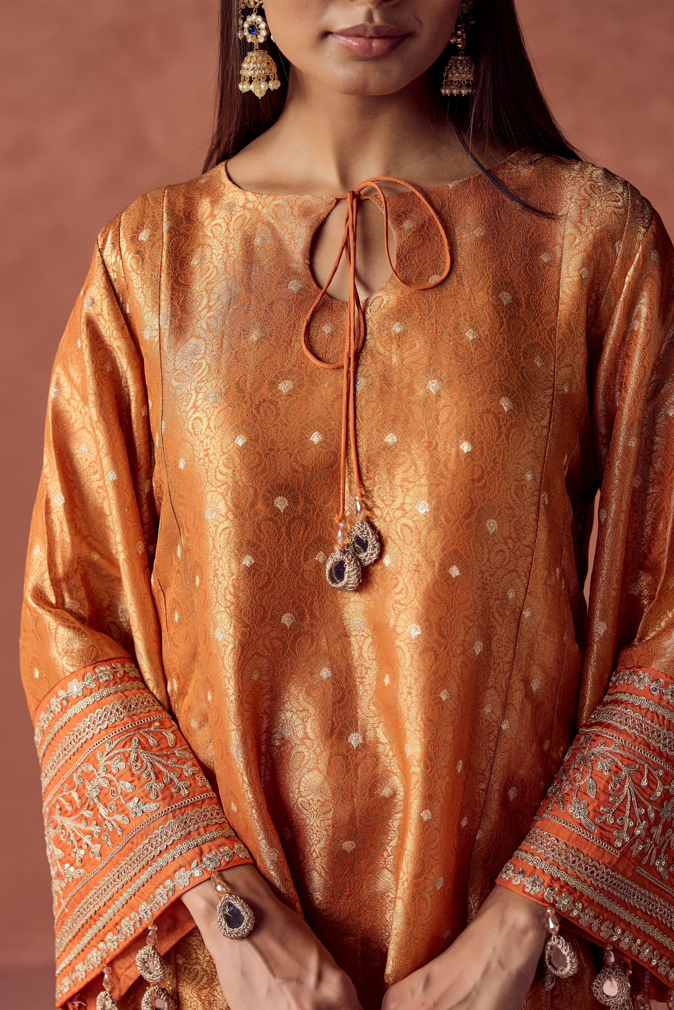 Bright Orange Embellished Brocade Organza Silk Pant Set - Image 2