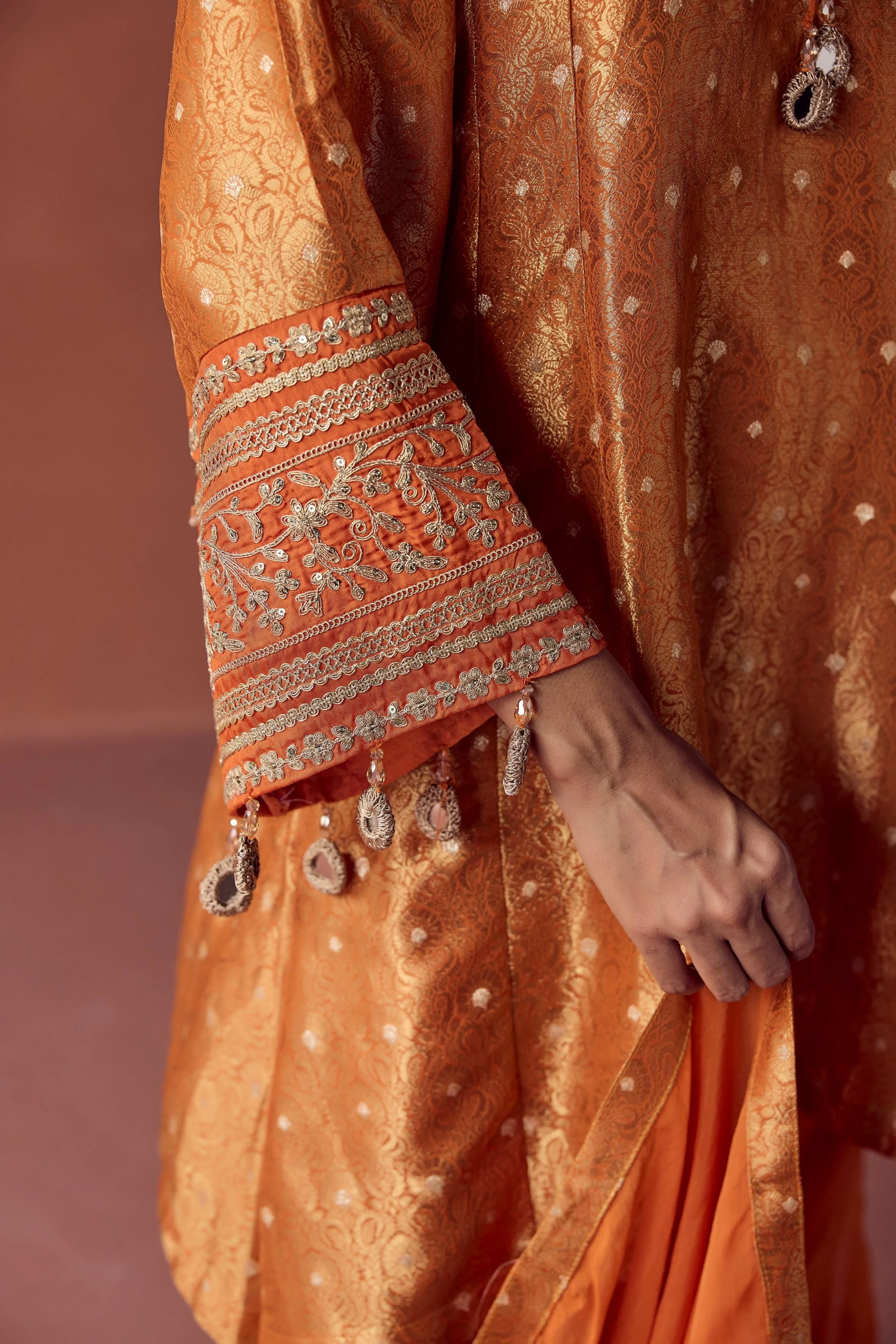 Bright Orange Embellished Brocade Organza Silk Pant Set - Image 3