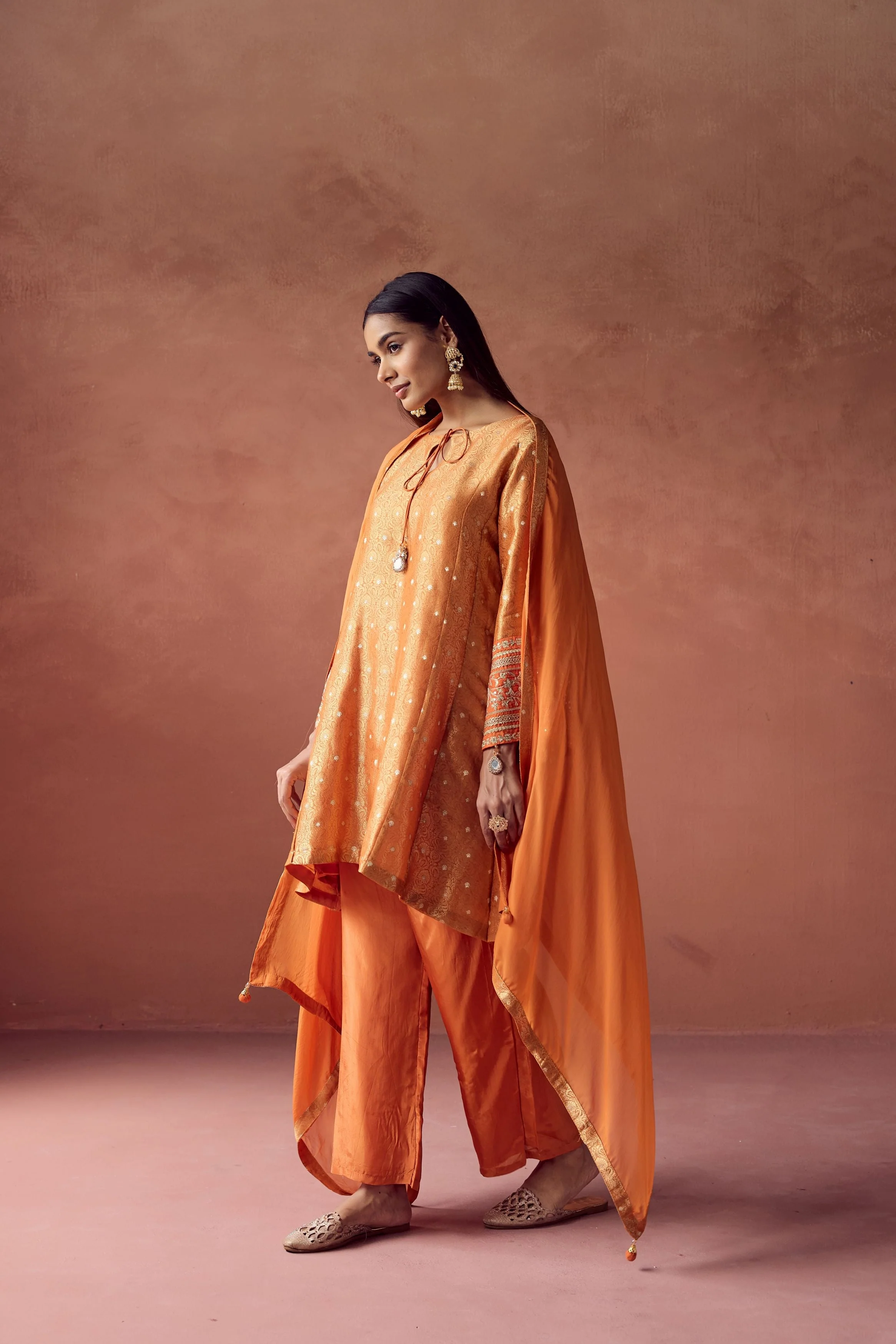 Bright Orange Embellished Brocade Organza Silk Pant Set - Image 4