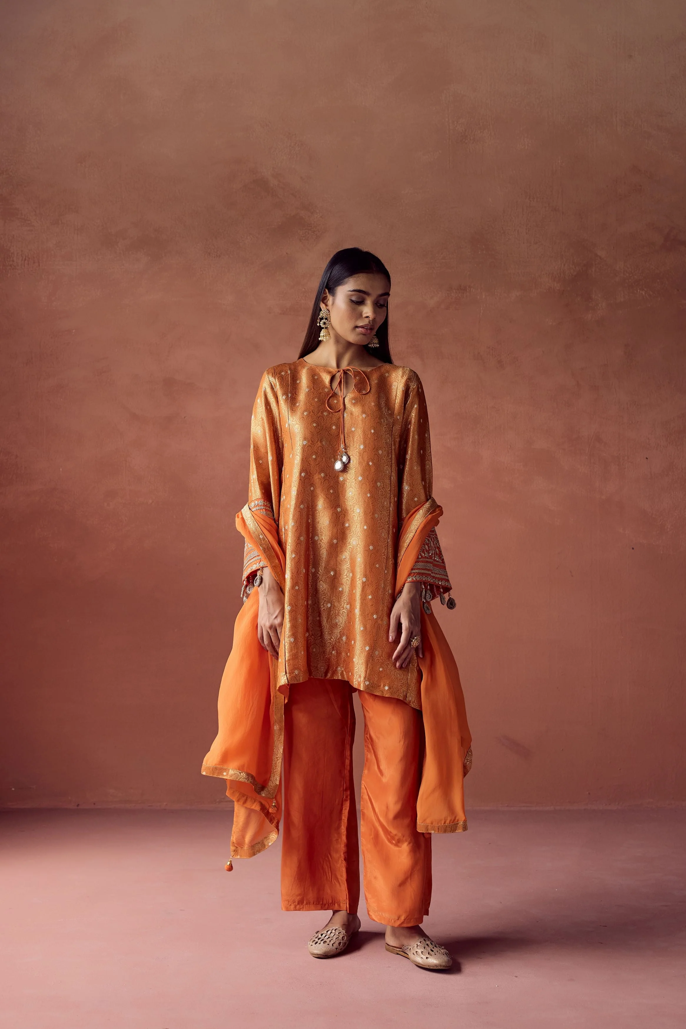 Bright Orange Embellished Brocade Organza Silk Pant Set - Image 5