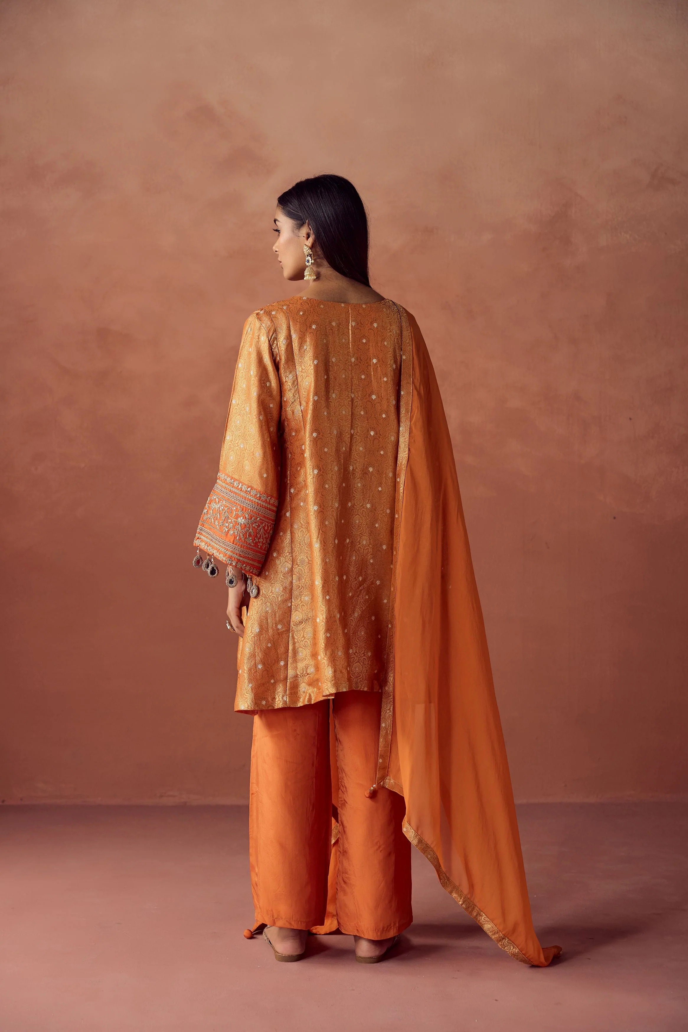 Bright Orange Embellished Brocade Organza Silk Pant Set - Image 6