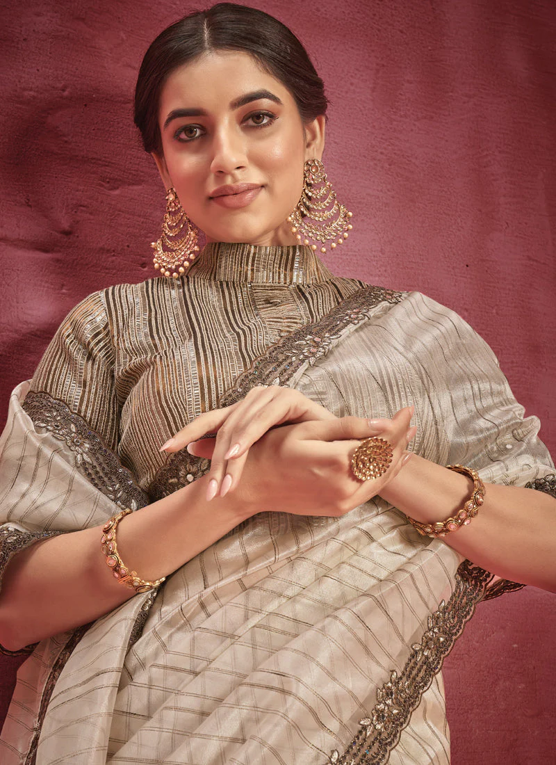 Beige Embellished Organza Silk Saree - Image 2