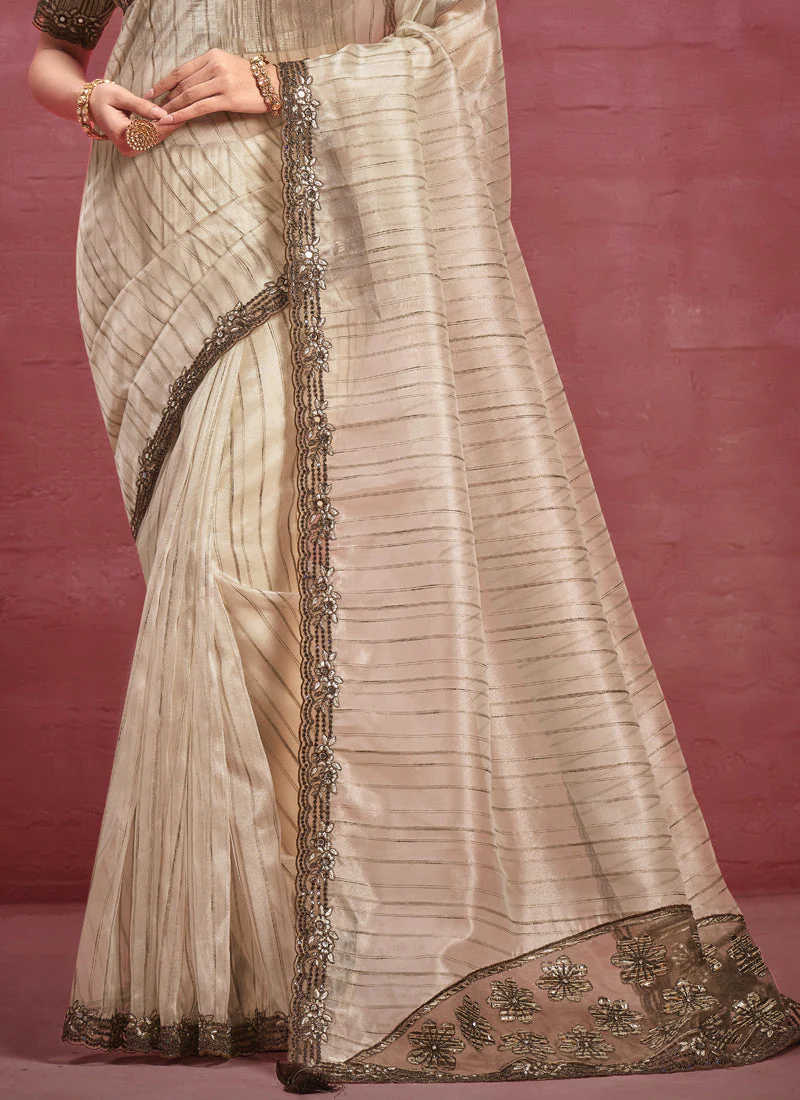 Beige Embellished Organza Silk Saree - Image 3