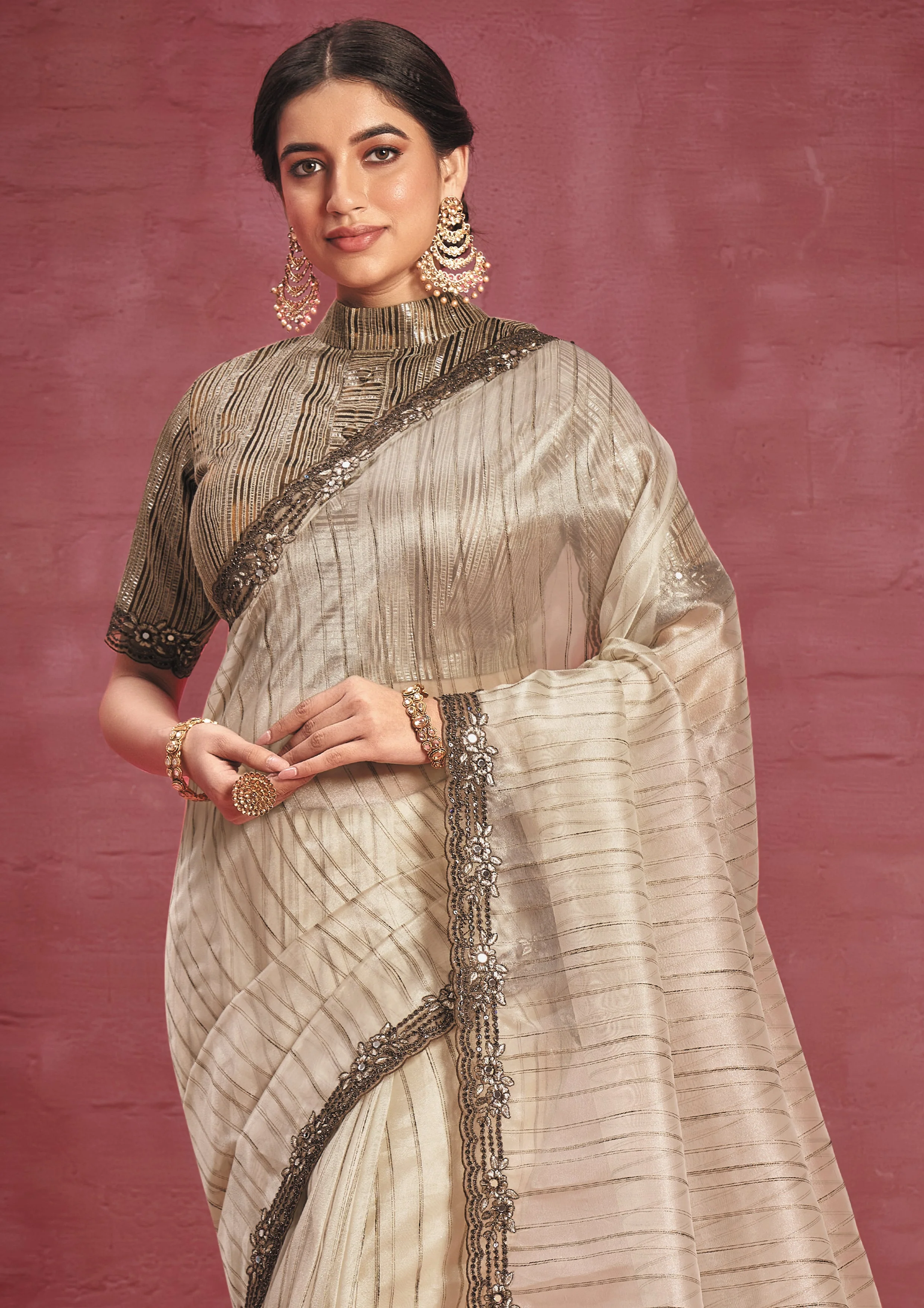 Beige Embellished Organza Silk Saree - Image 4
