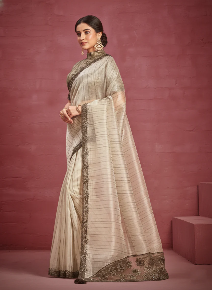 Beige Embellished Organza Silk Saree - Image 5