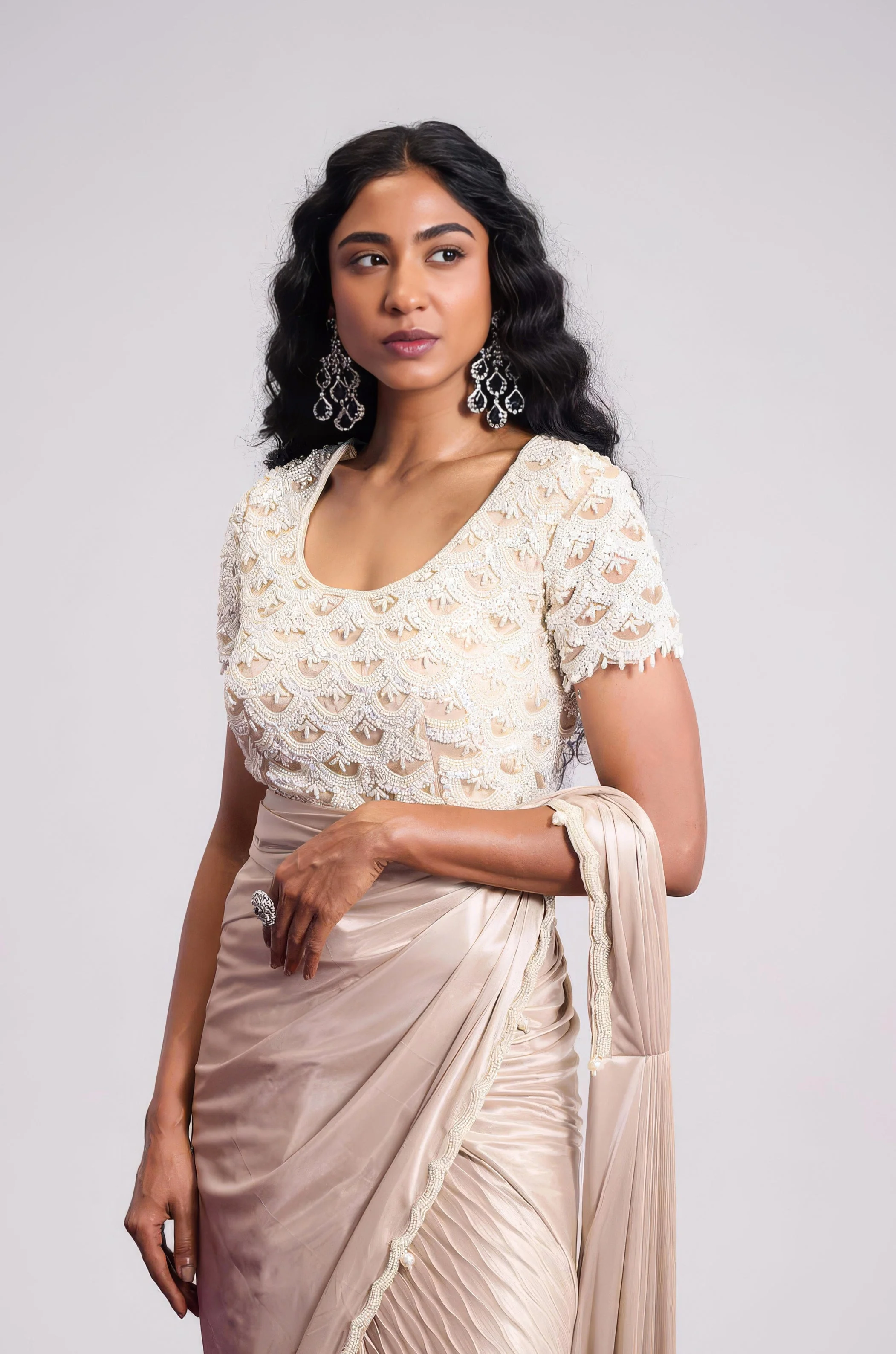 Champagne Beige Embellished Premium Silk Draped Saree - Image 3
