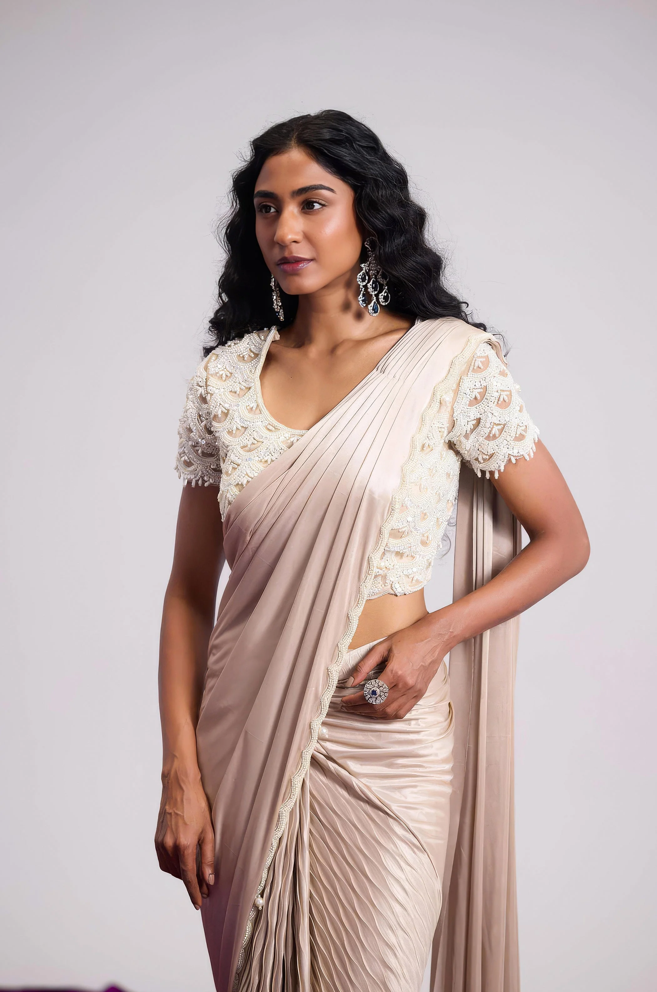 Champagne Beige Embellished Premium Silk Draped Saree - Image 4
