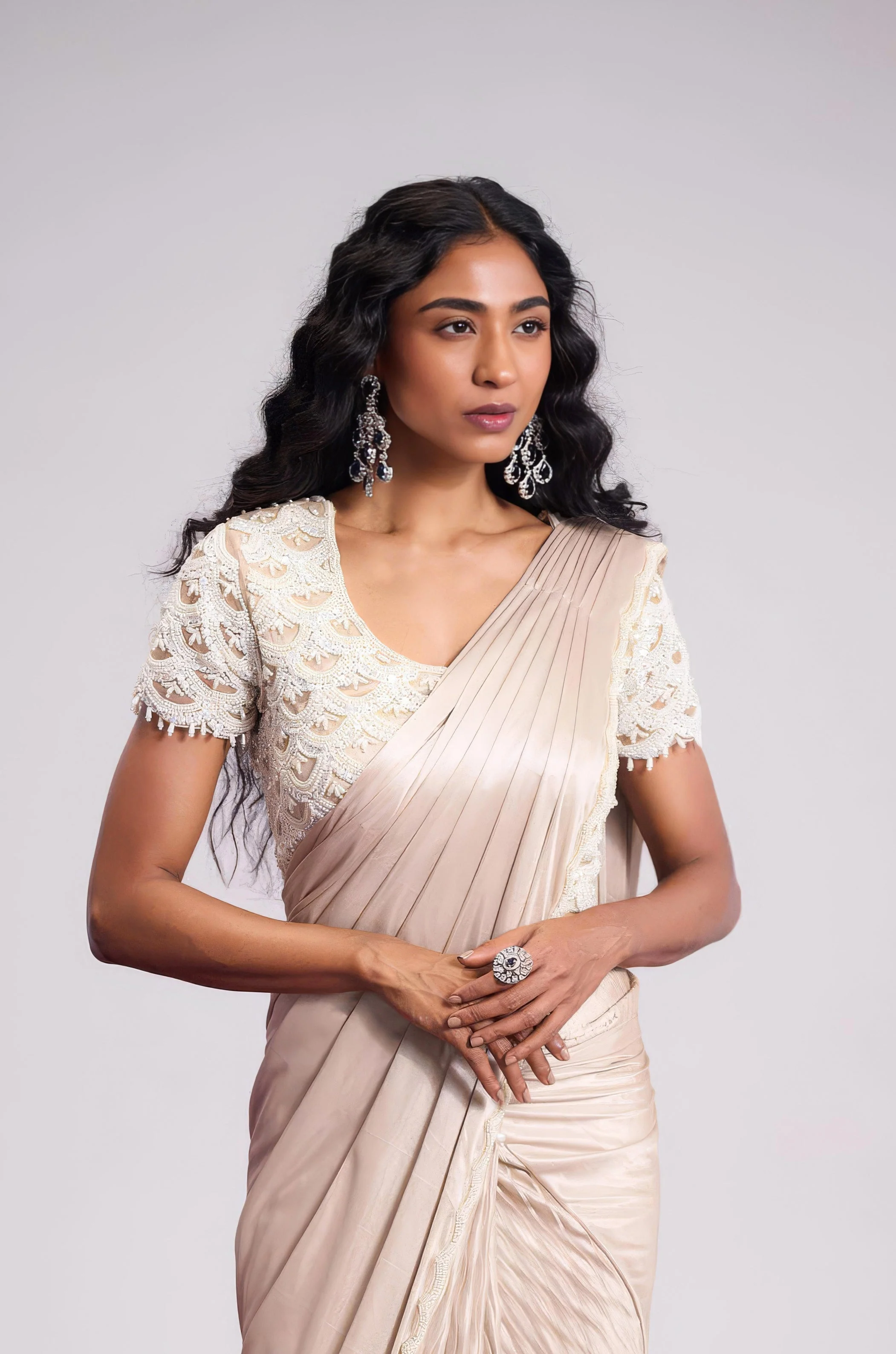 Champagne Beige Embellished Premium Silk Draped Saree - Image 5