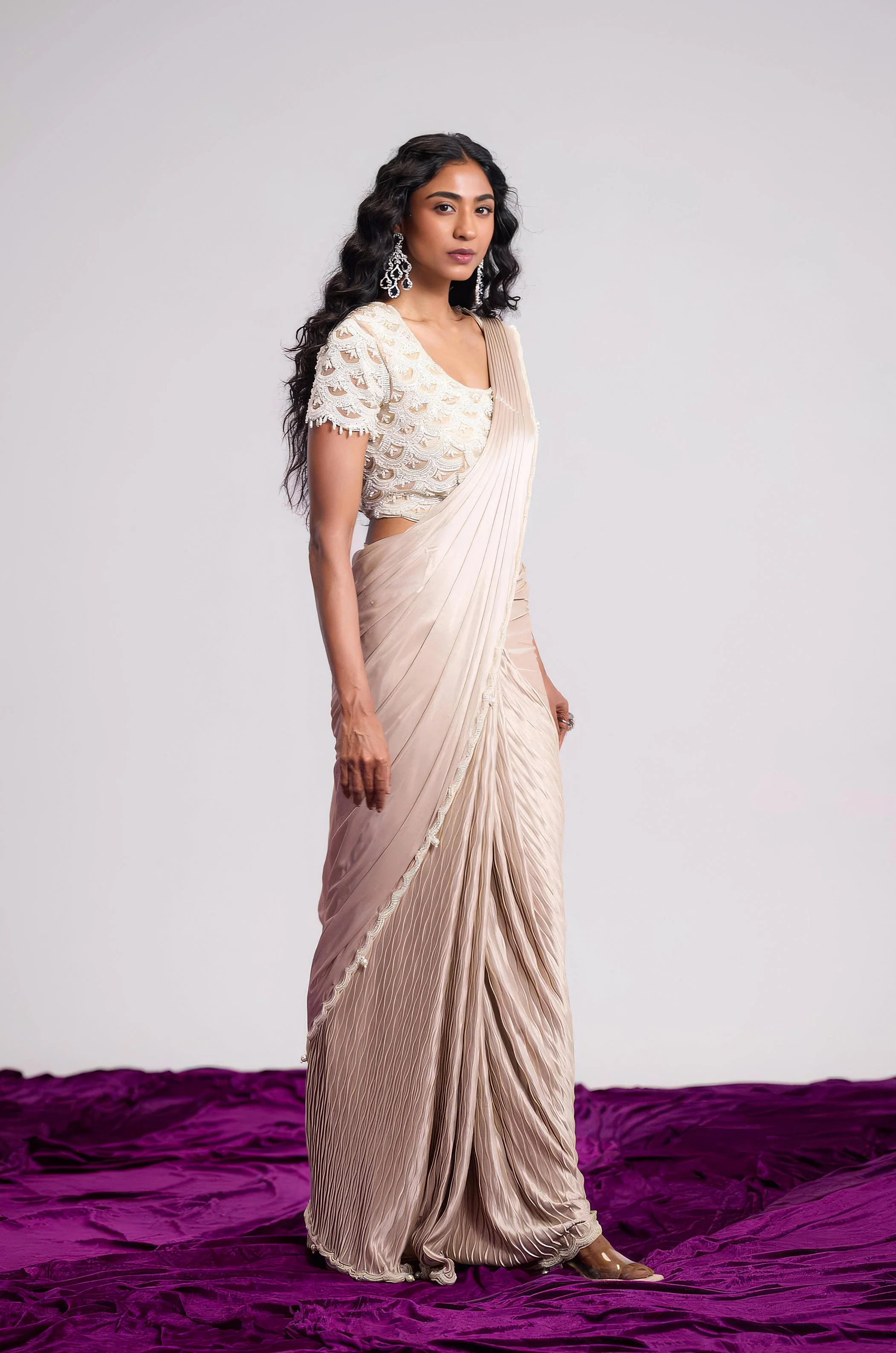 Champagne Beige Embellished Premium Silk Draped Saree - Image 6