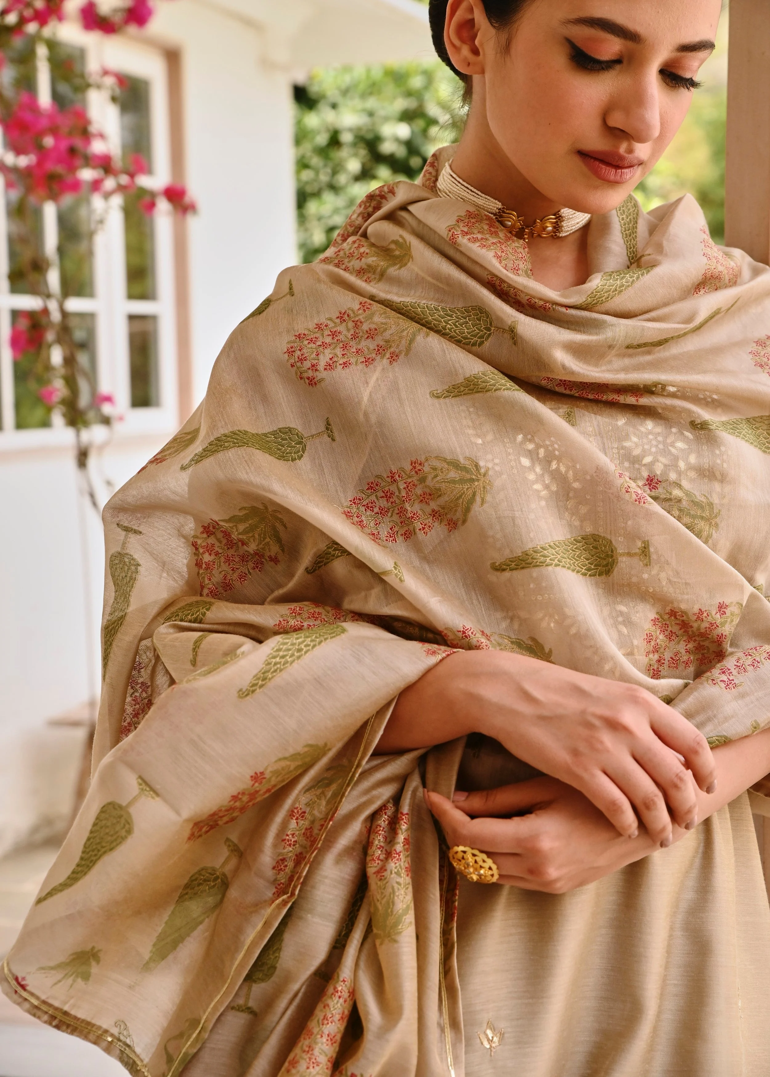 Beige Embellished Chanderi Silk Pant Set - Image 2
