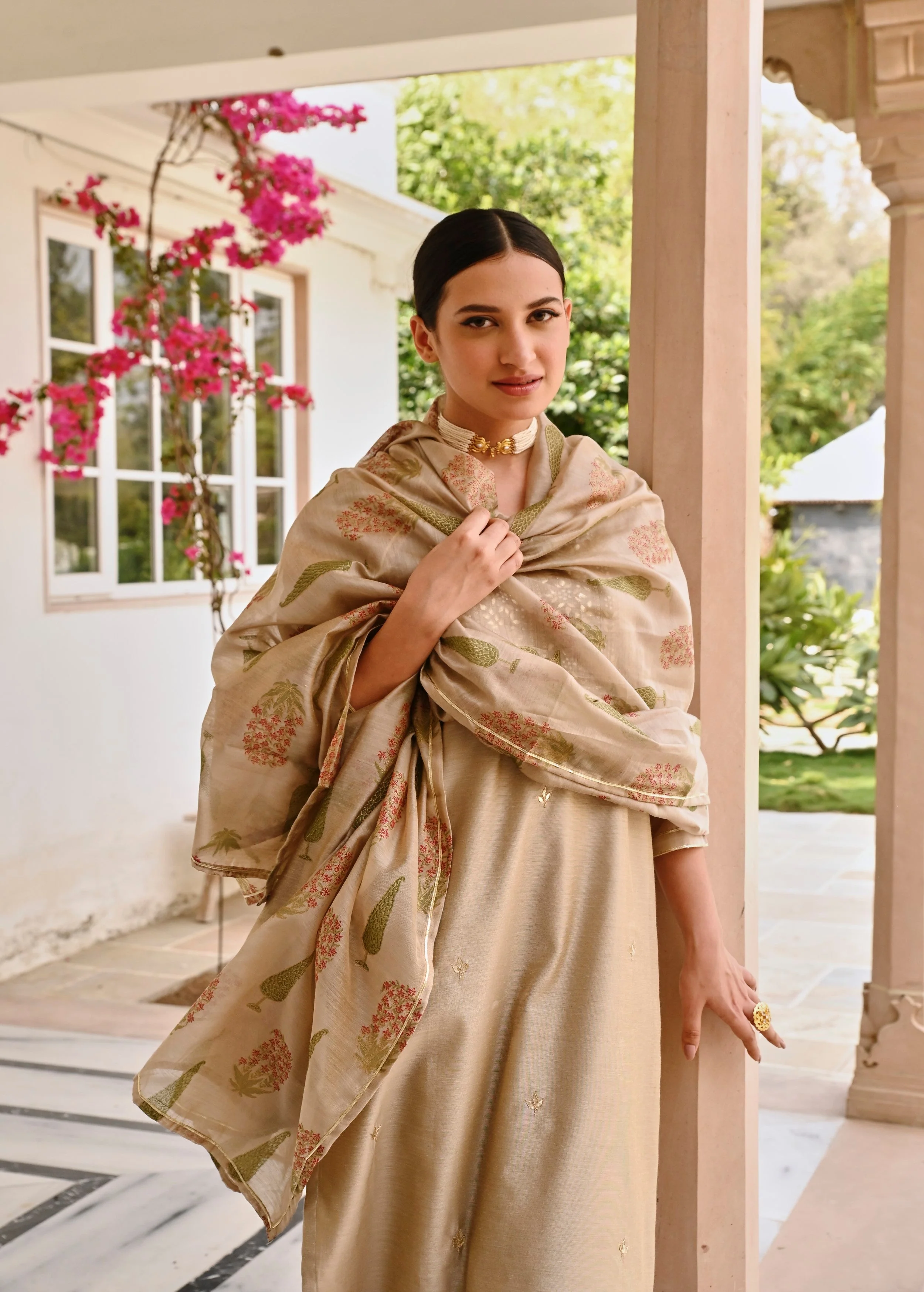 Beige Embellished Chanderi Silk Pant Set - Image 3