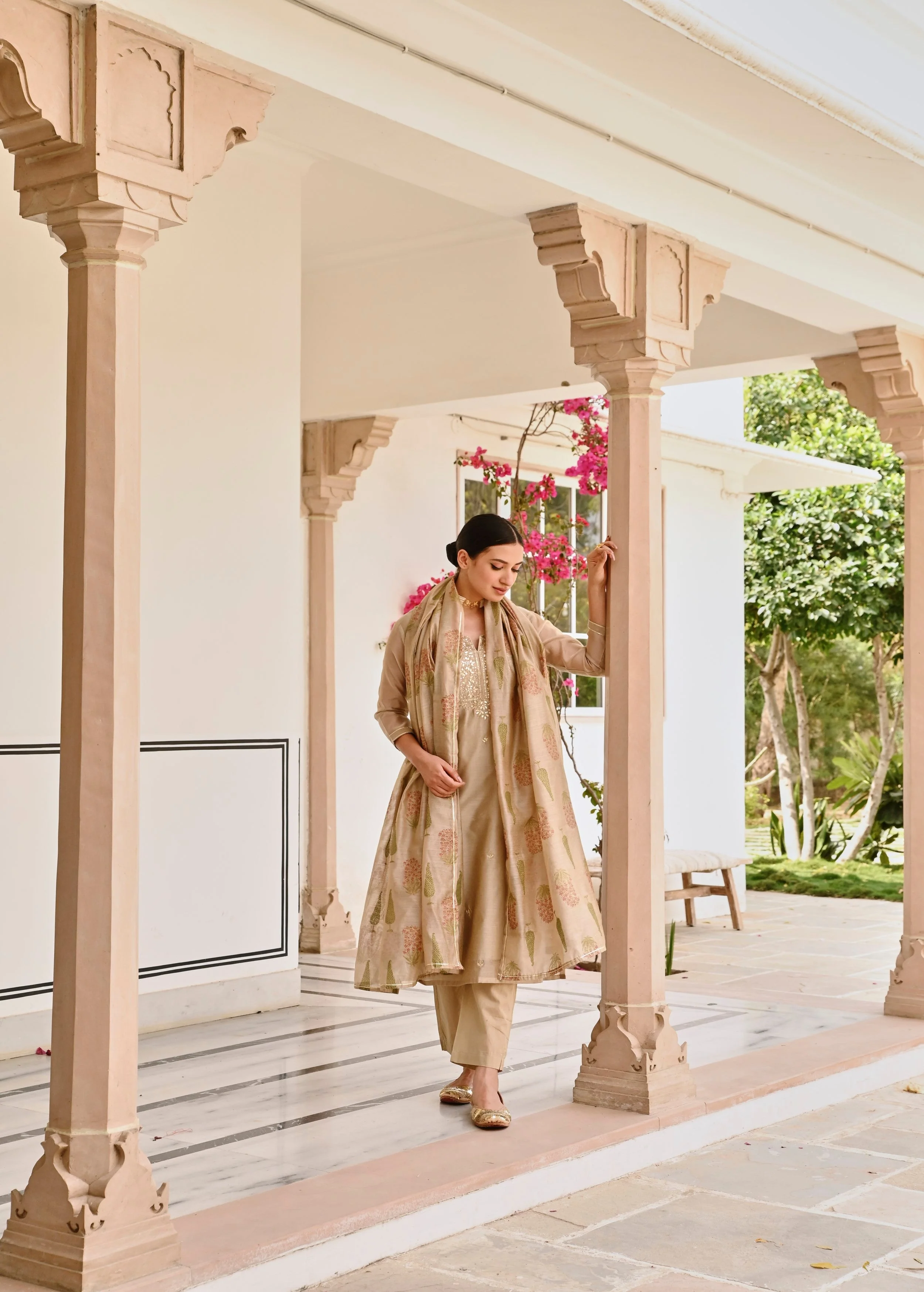 Beige Embellished Chanderi Silk Pant Set - Image 4