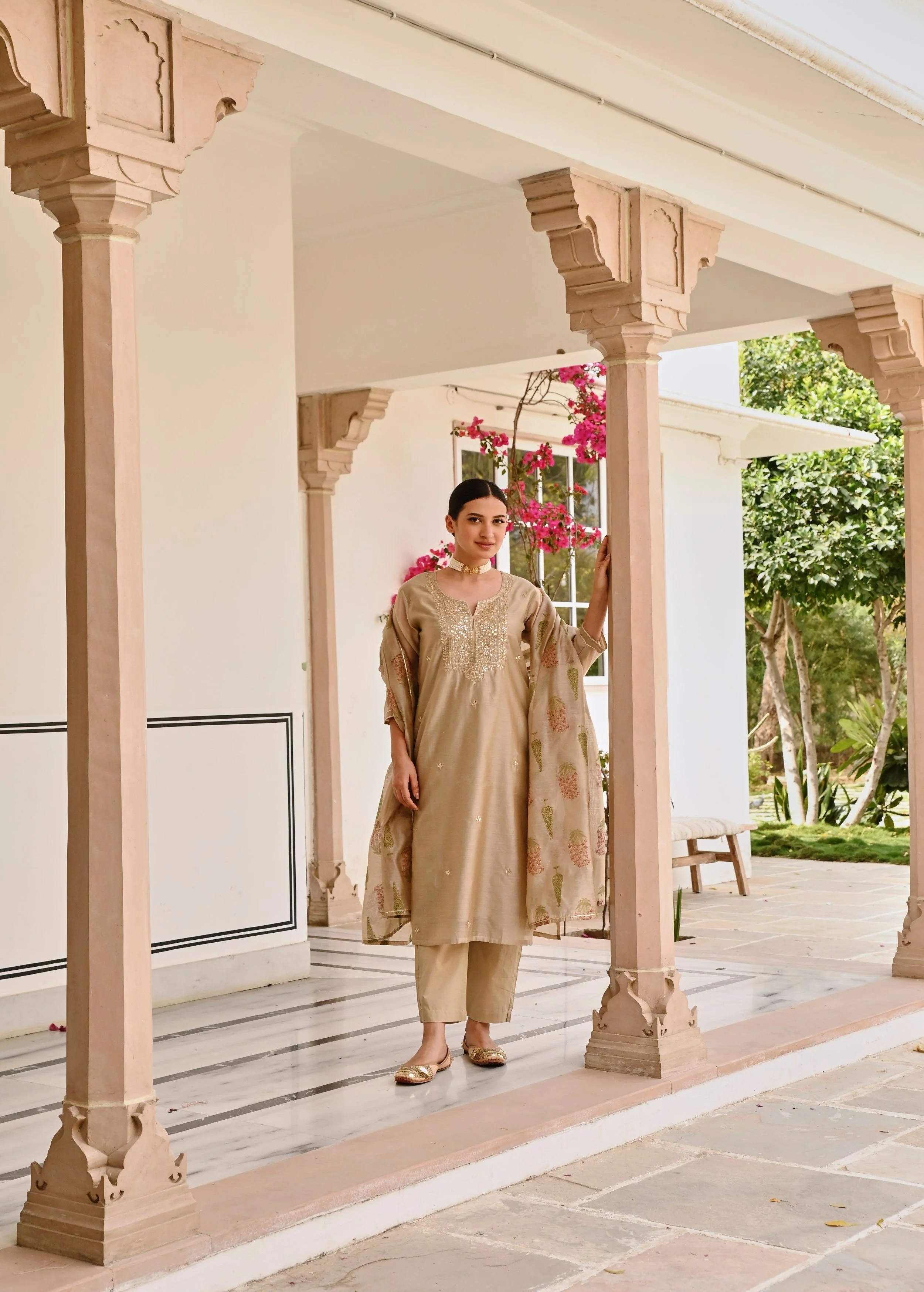 Beige Embellished Chanderi Silk Pant Set - Image 5