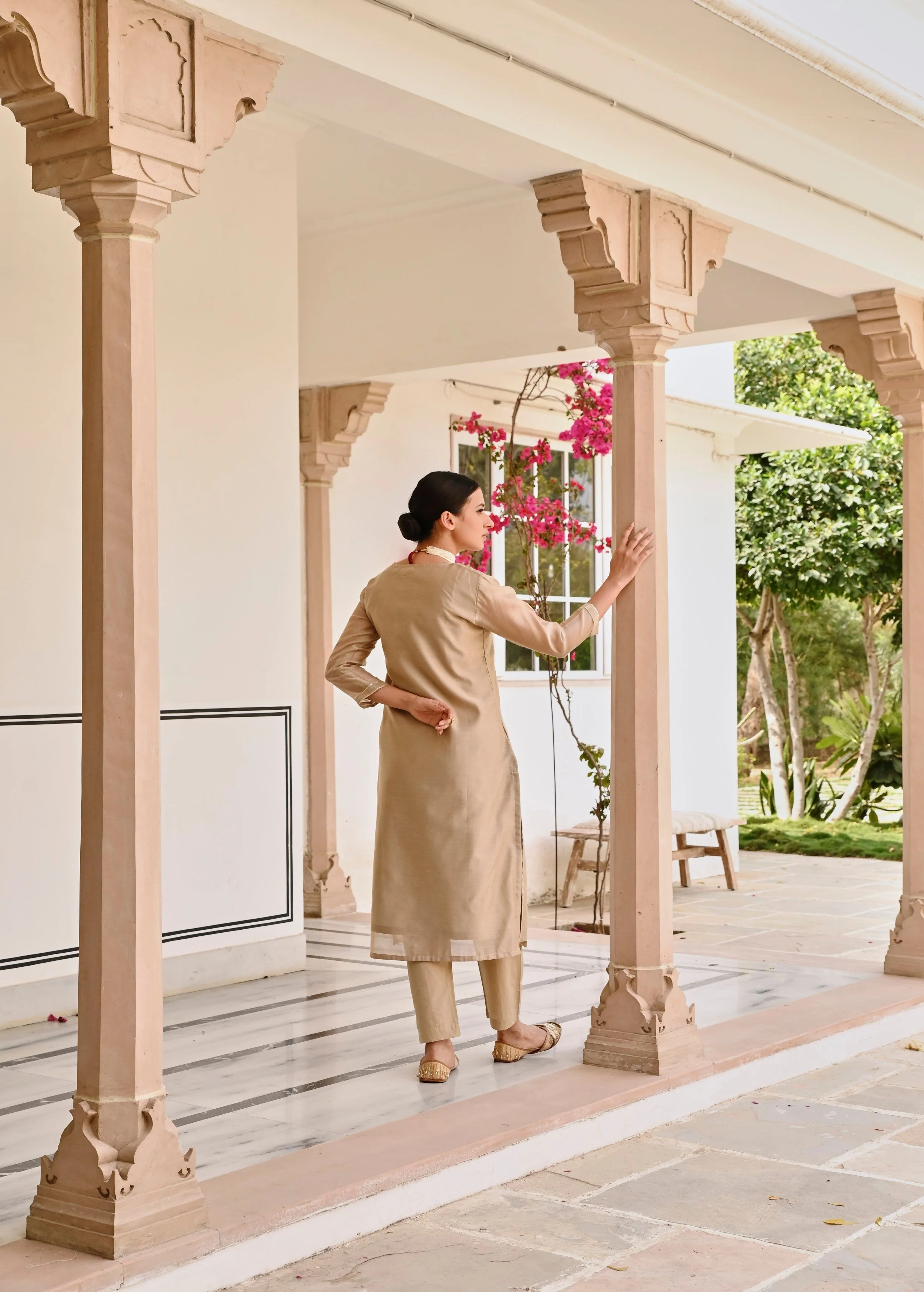 Beige Embellished Chanderi Silk Pant Set - Image 6