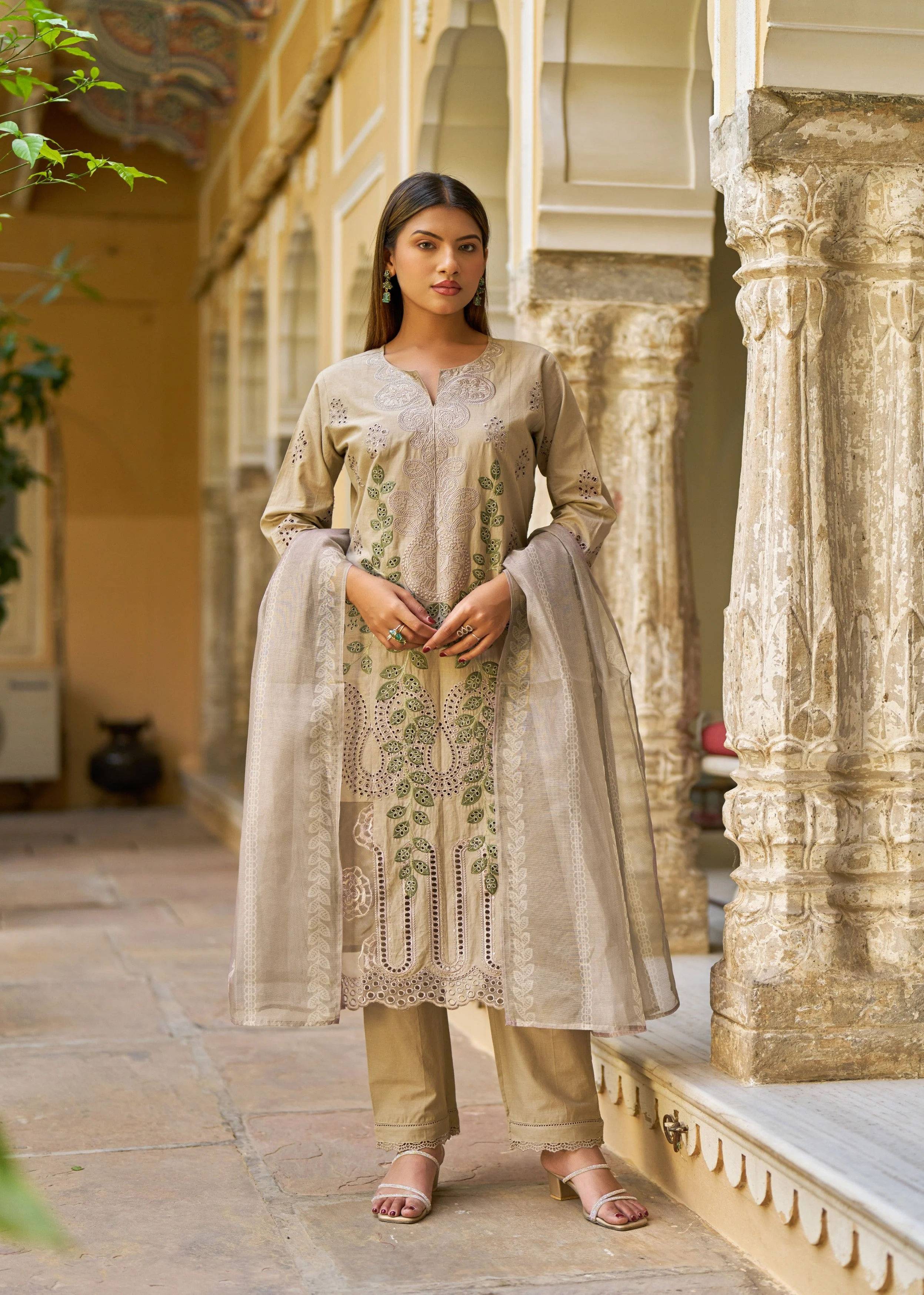 Taupe Brown Embroidered Cotton Pant Set