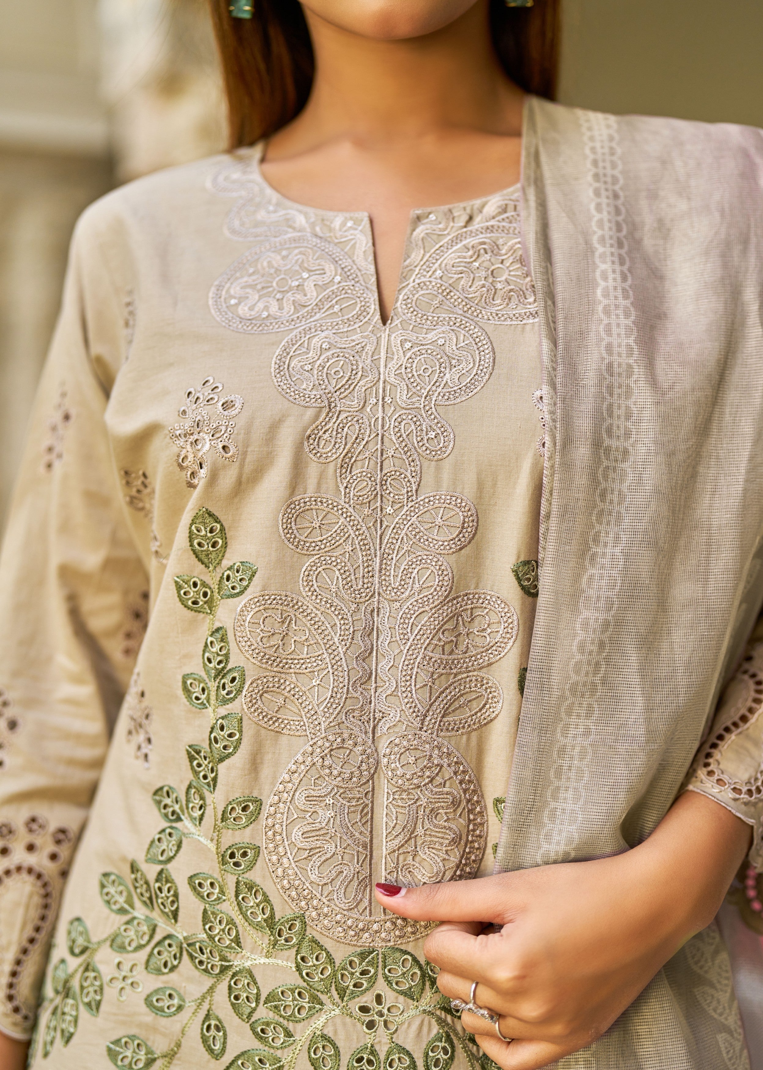 Taupe Brown Embroidered Cotton Pant Set - Image 2