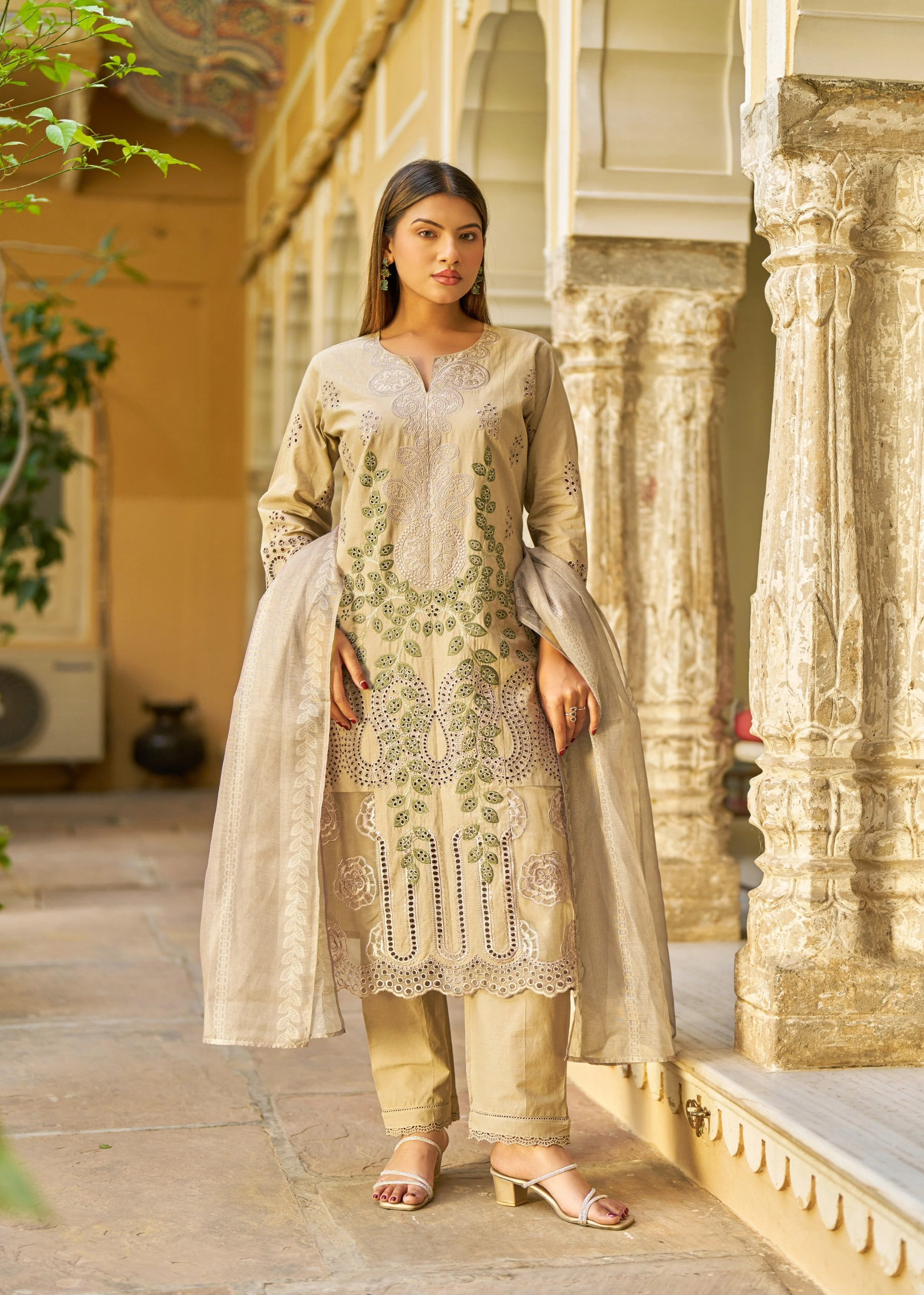 Taupe Brown Embroidered Cotton Pant Set - Image 3