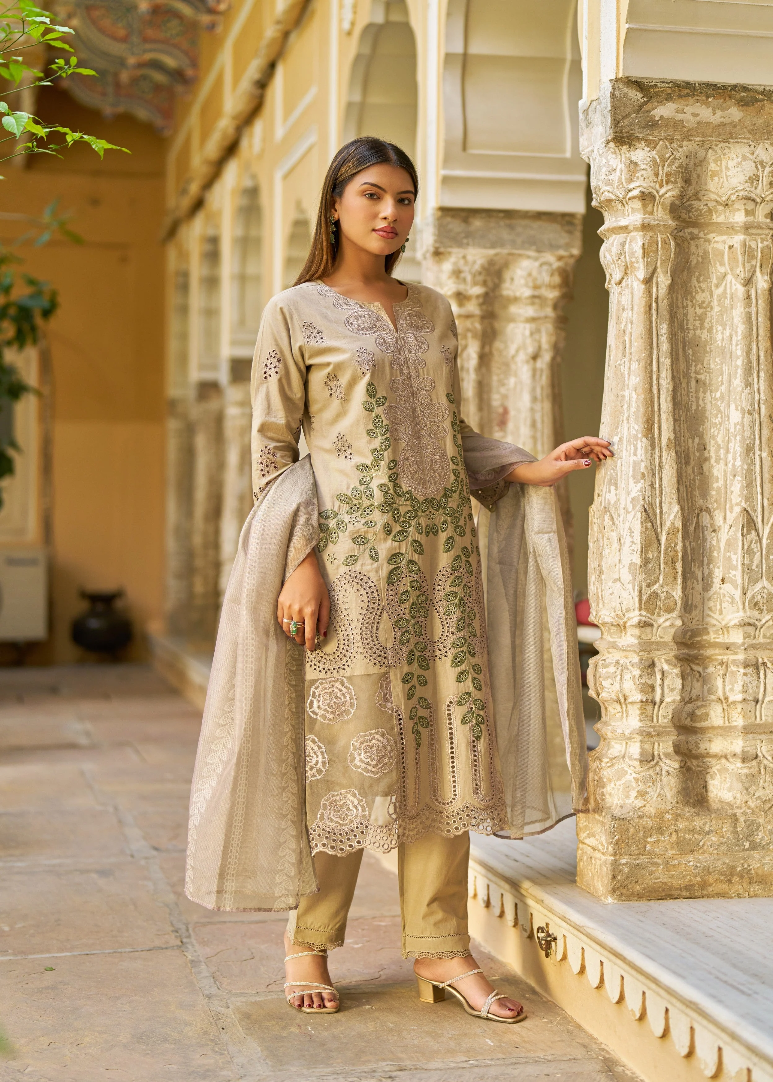 Taupe Brown Embroidered Cotton Pant Set - Image 4