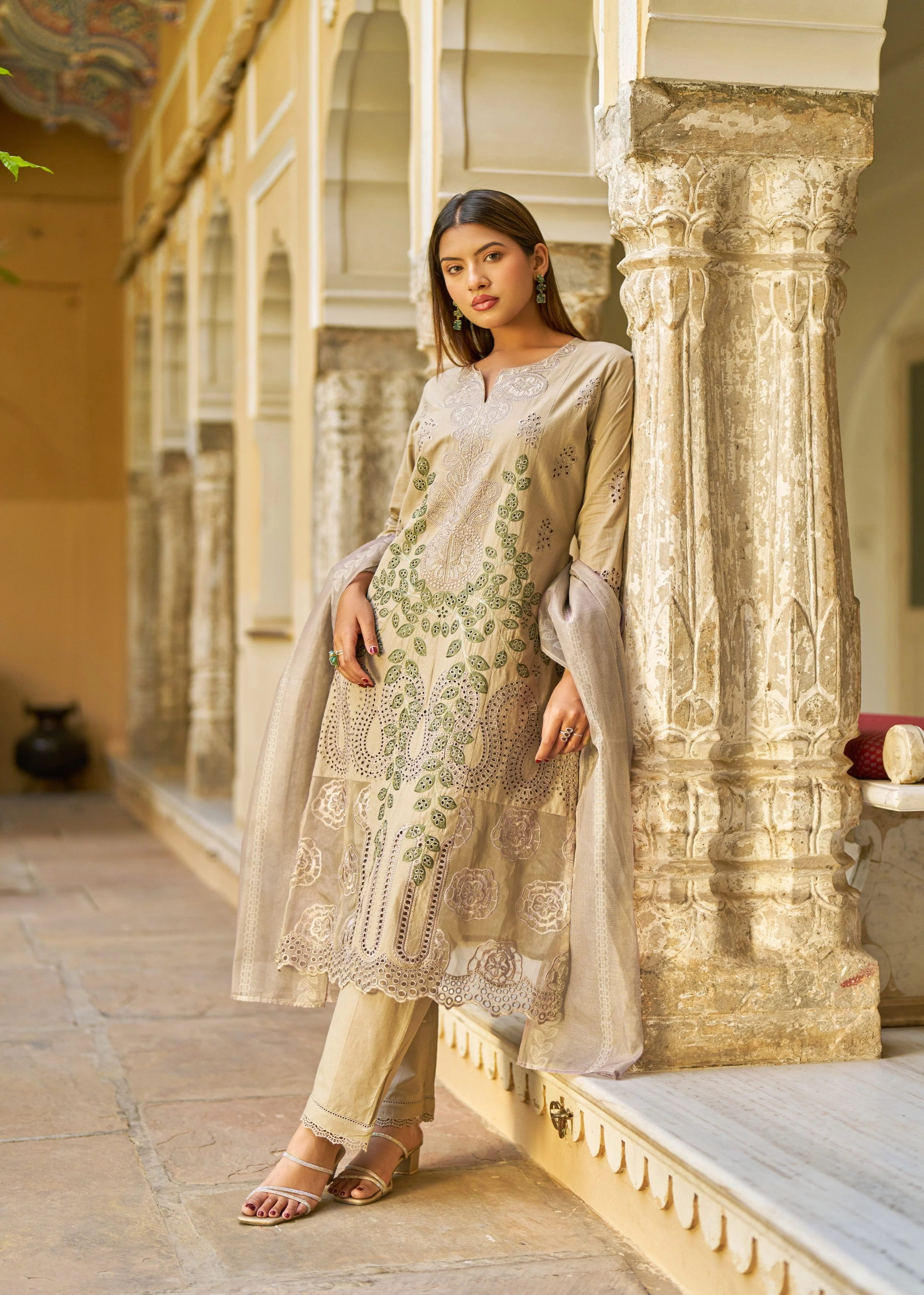Taupe Brown Embroidered Cotton Pant Set - Image 5