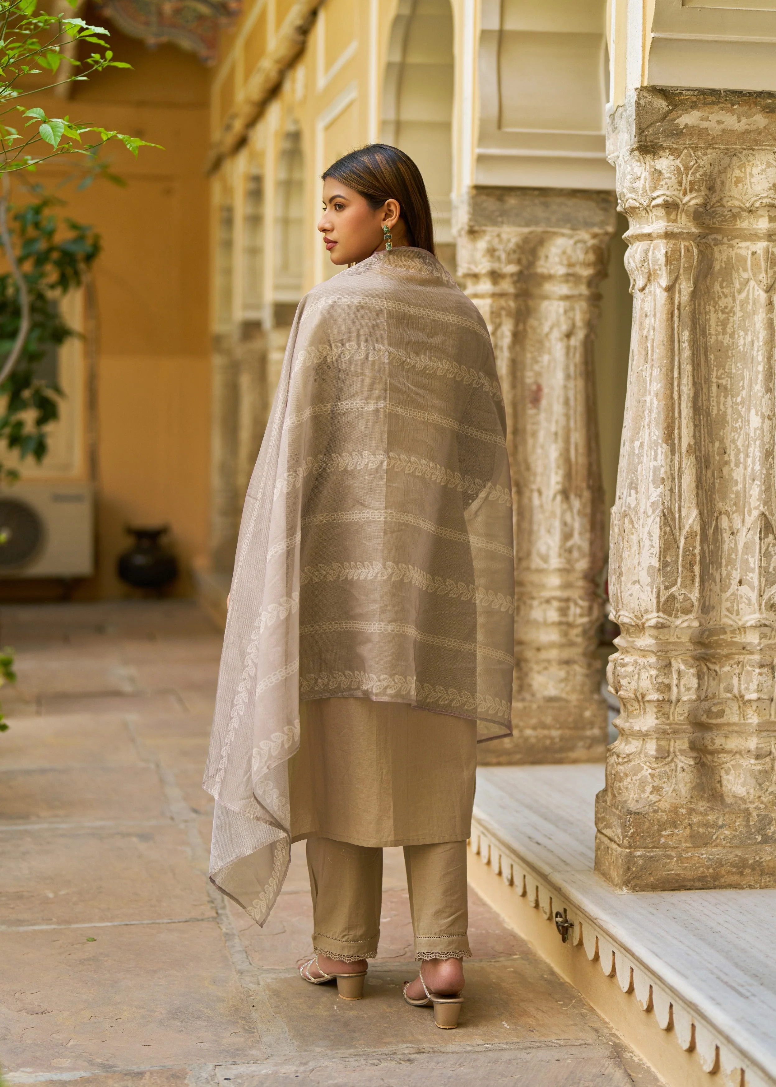 Taupe Brown Embroidered Cotton Pant Set - Image 7