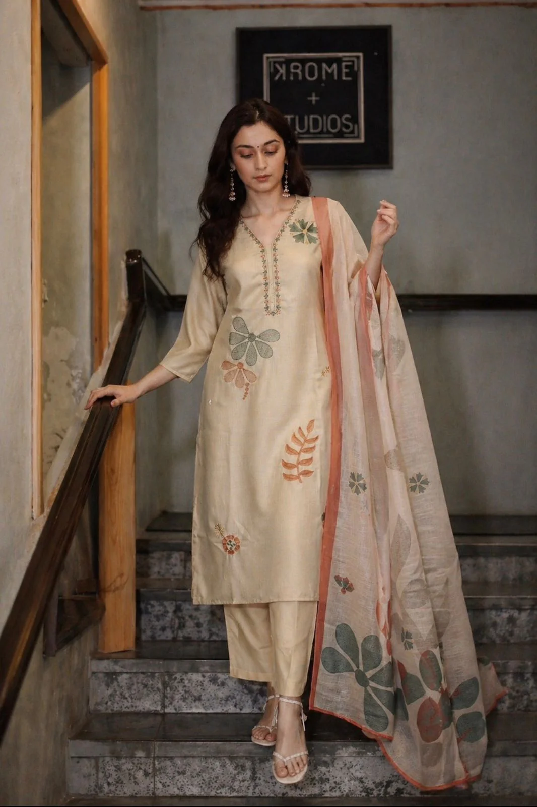 Soft Beige Embroidered Linen Pant Set