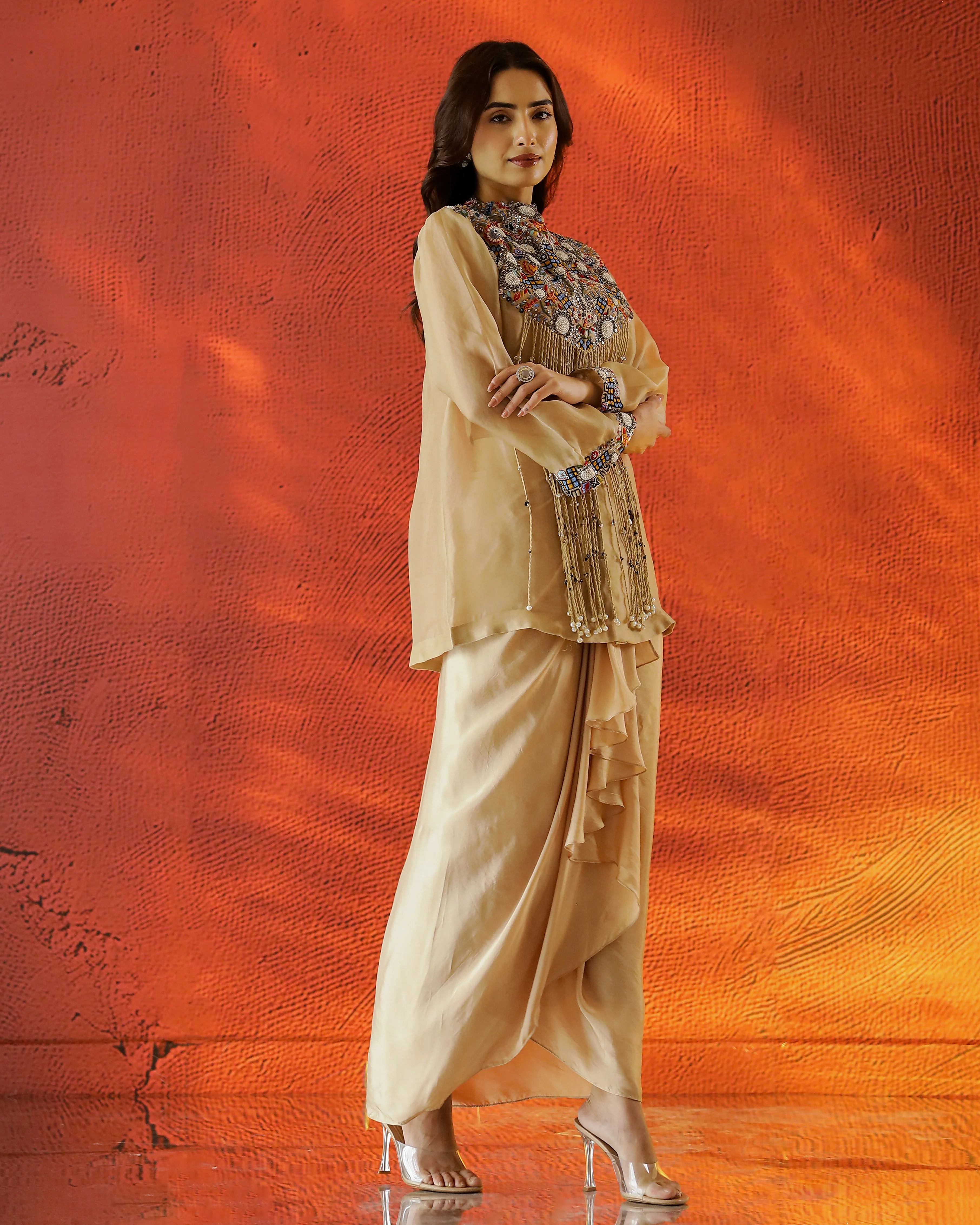 Beige Embroidered Organza Silk Drape Skirt Set - Image 3