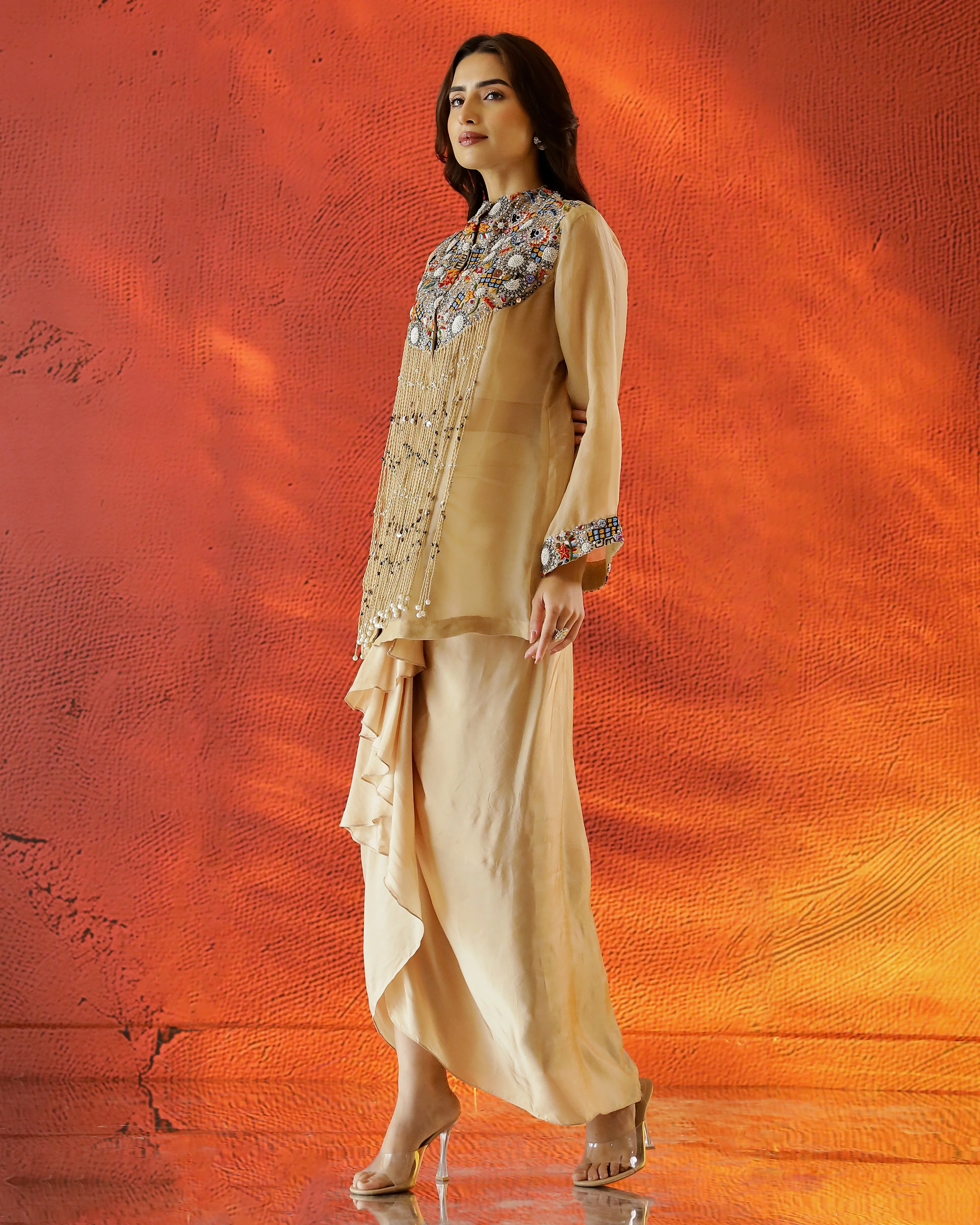 Beige Embroidered Organza Silk Drape Skirt Set - Image 4