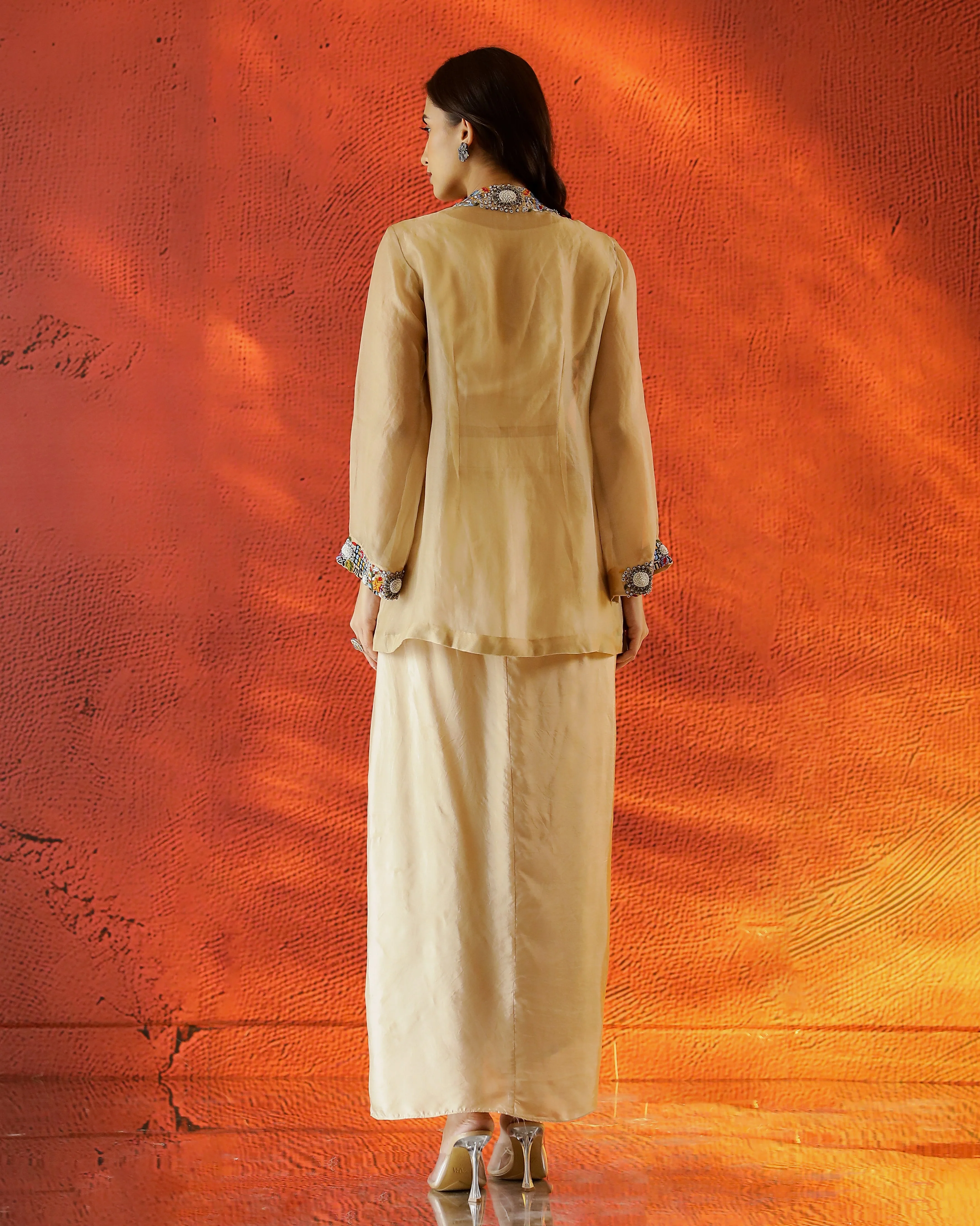 Beige Embroidered Organza Silk Drape Skirt Set - Image 5