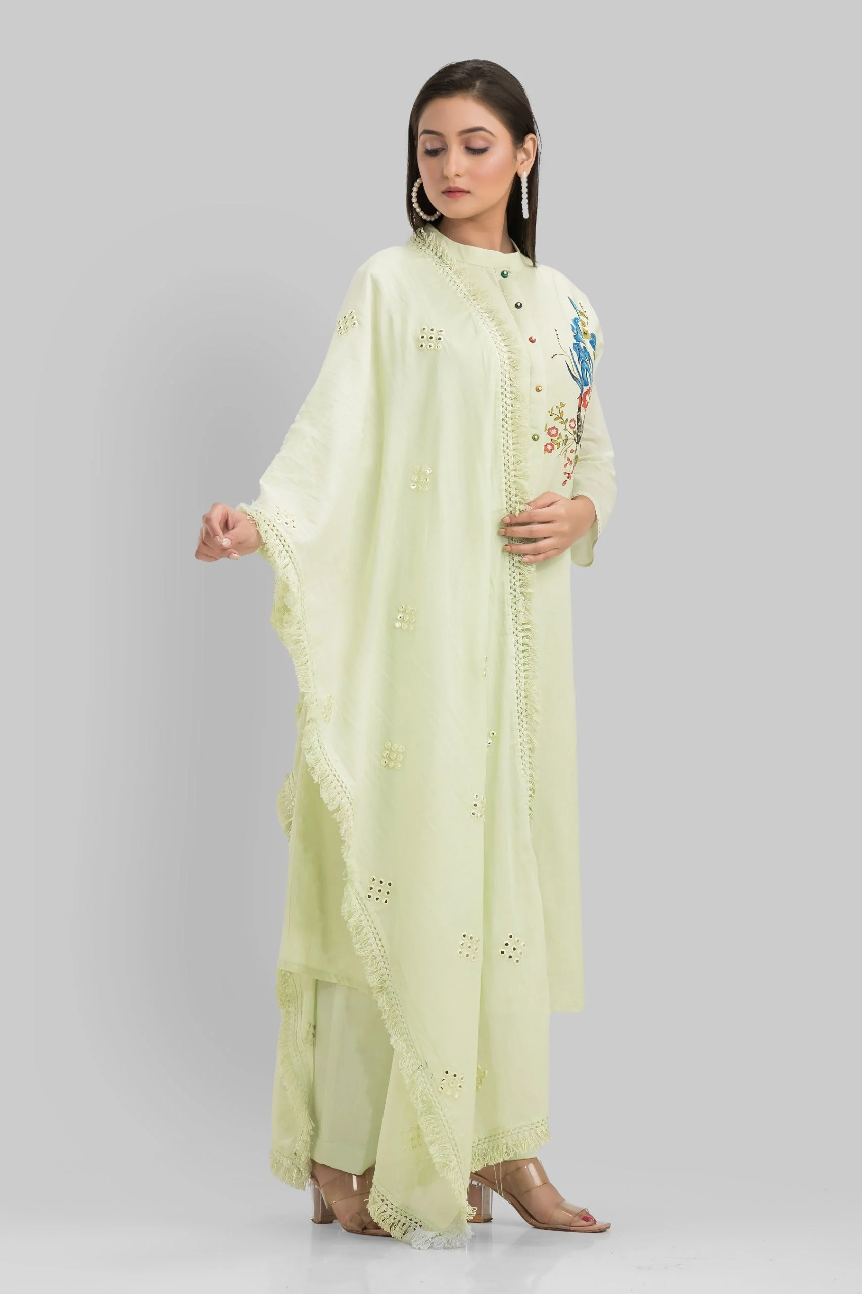 Mint Green Hand Painted Organic Cotton Kurta Pants Set - Image 3