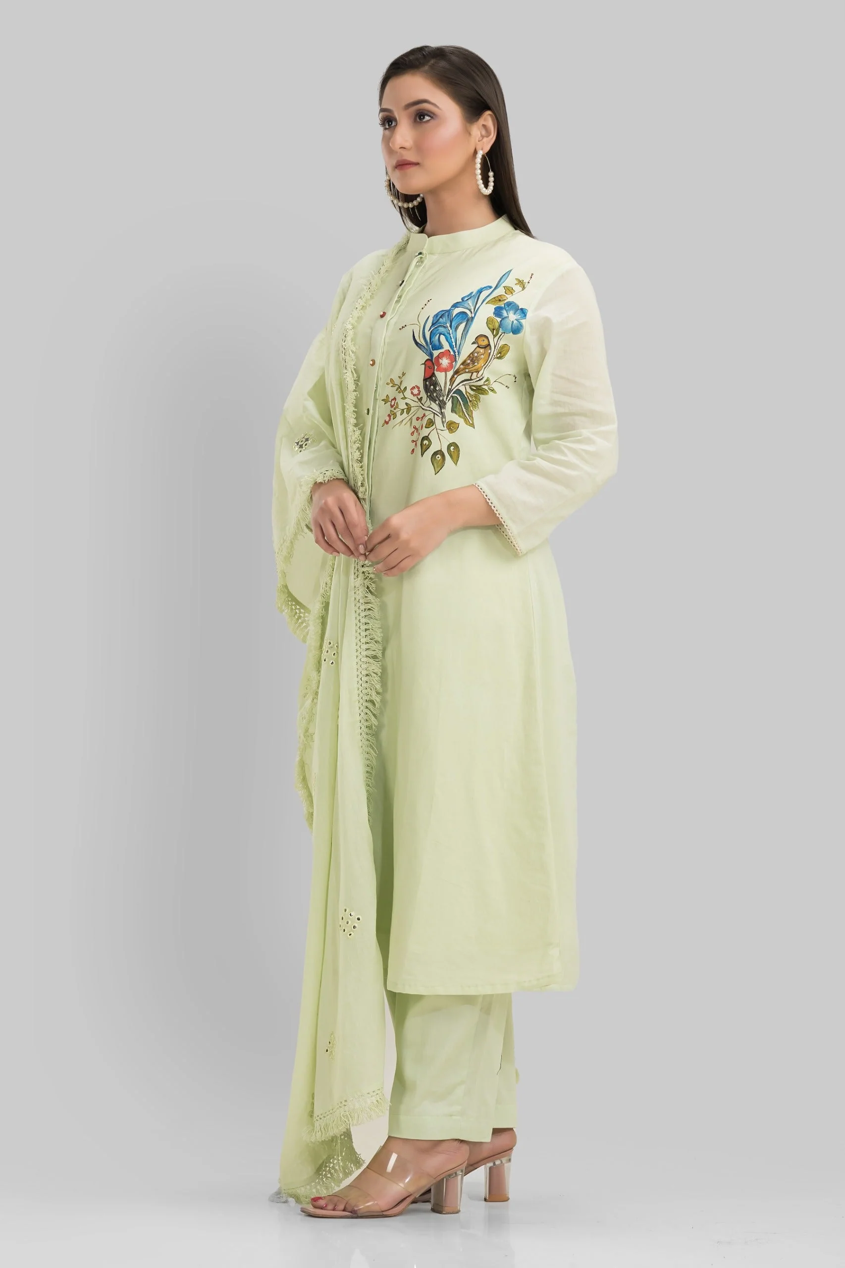 Mint Green Hand Painted Organic Cotton Kurta Pants Set - Image 4