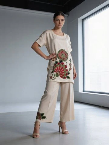 Beige Embroidered Raw Silk Co-Ord Set