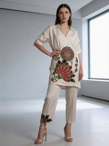 Beige Embroidered Raw Silk Co-Ord Set - Image 2