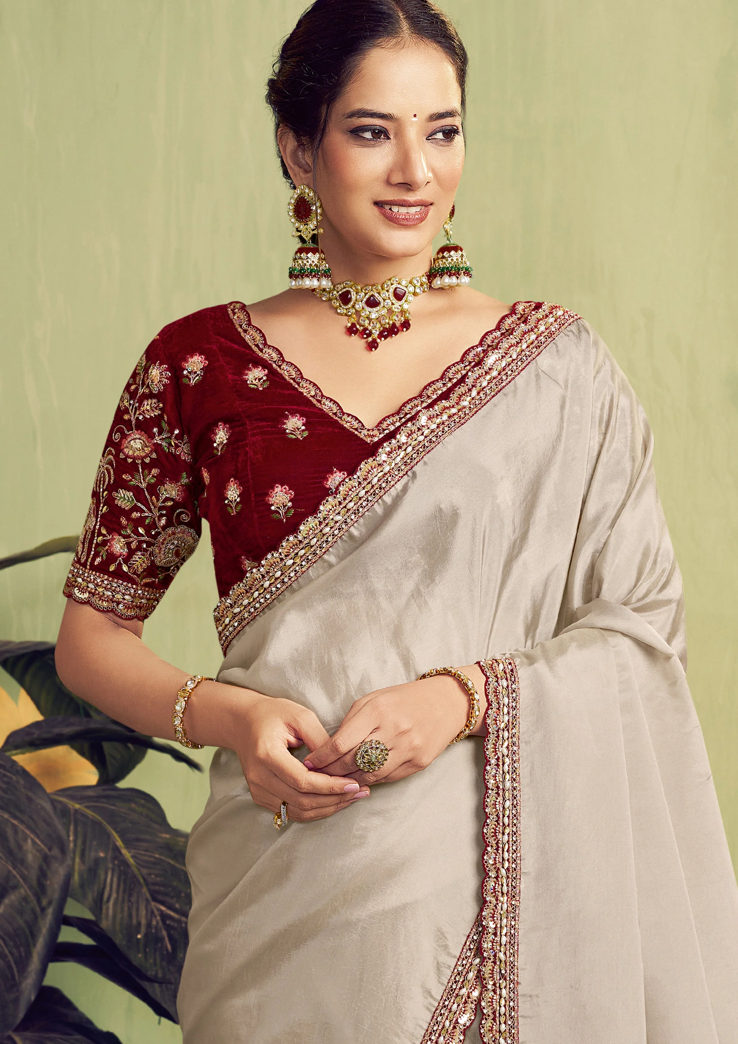 Beige Embroidered Uppada Silk Saree - Image 2