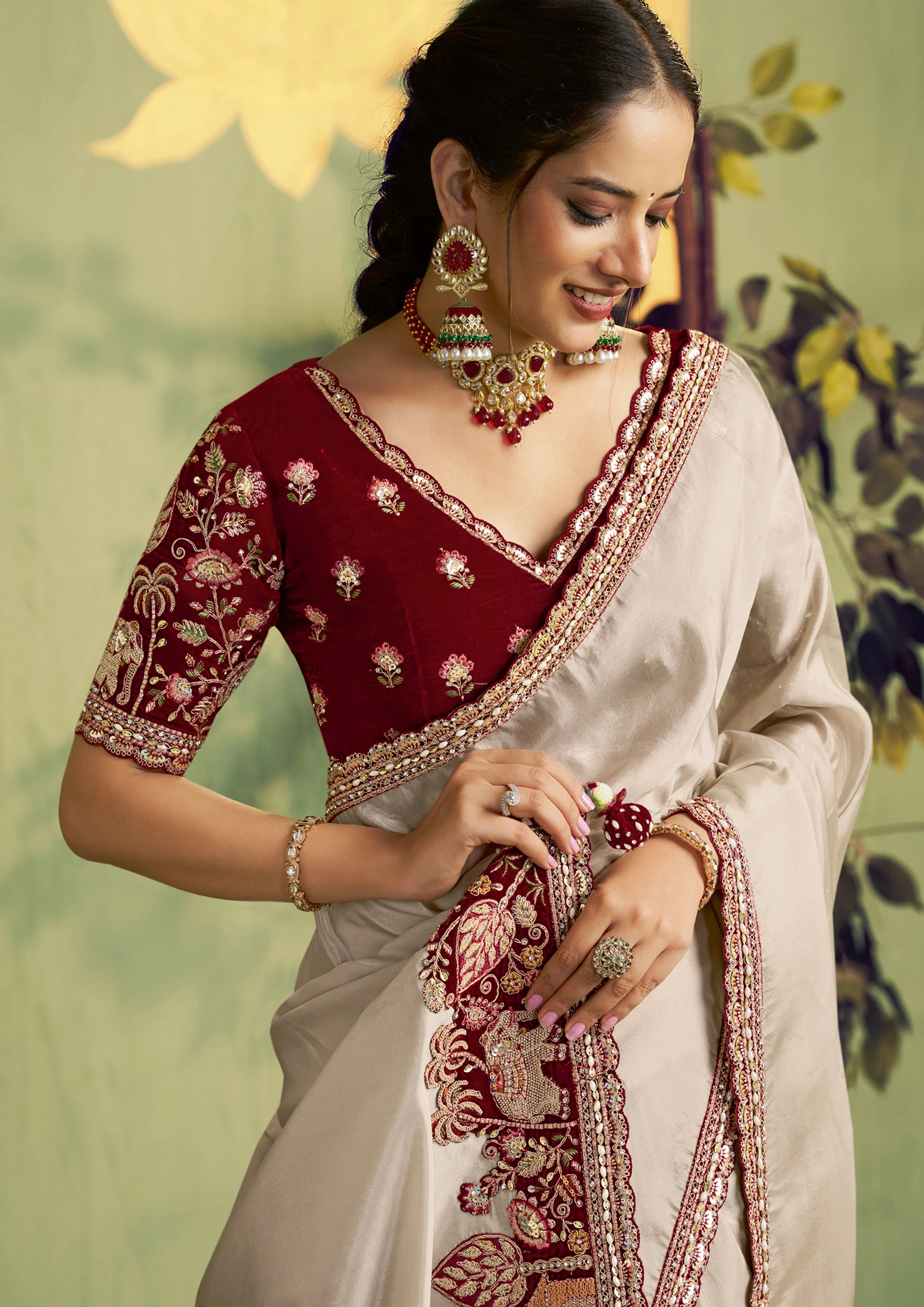 Beige Embroidered Uppada Silk Saree - Image 3